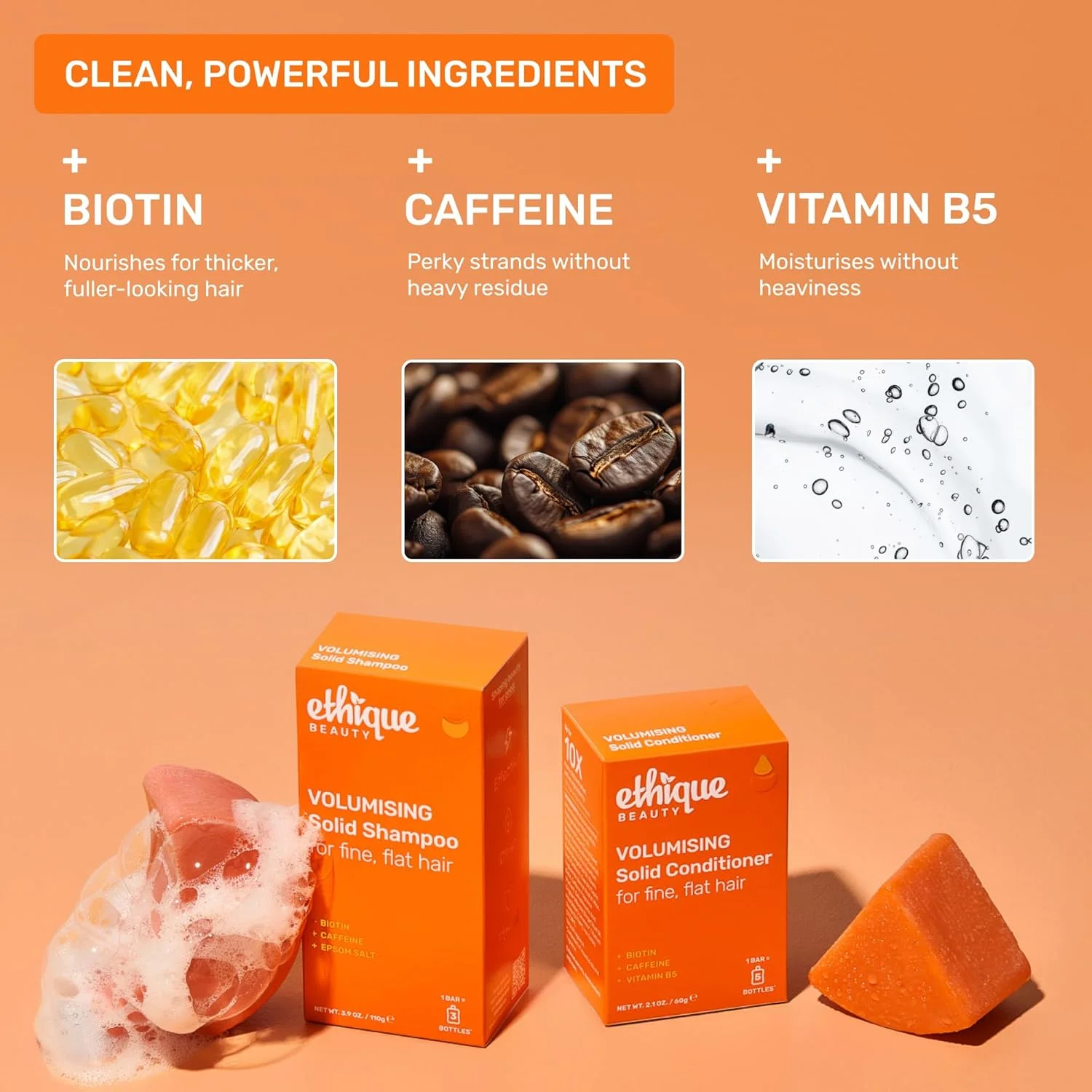 شامپو بار حجم دهنده اتیك با بیوتین برای موهای نازک و کم حجم - بدون پلاستیک، وگان، بدون تست حیوانی، 110 گرم - نام سابق: شیرین و تند