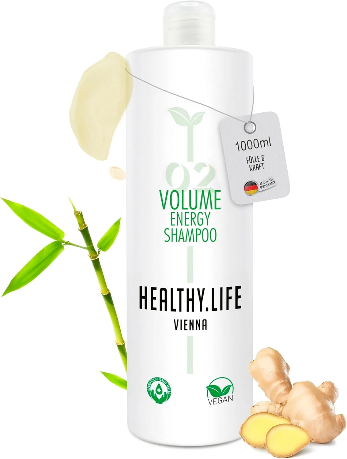 شامپو حجم دهنده HLV یک لیتری با ویتامین B5 و بامبو - شامپو ملایم و وگان برای موهای نازک و ضعیف - تقویت کننده مو و از بین برنده آلودگی ها - مراقبت از مو برای آقایان و بانوان (انرژی حجم دهنده 1 لیتر)