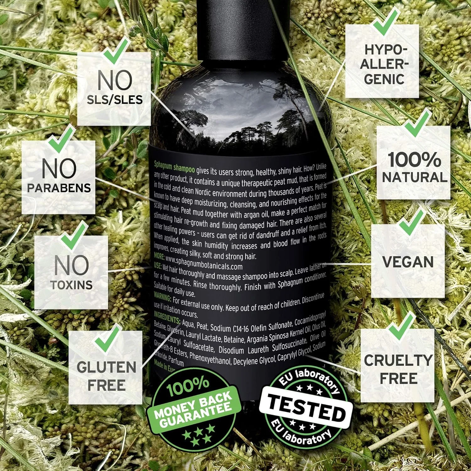 شامپو رشد مو اسفاگنوم بوتانیکالز - حاوی روغن آرگان و فولوییک اسید از لجن ذغال سنگ نارس طبیعی نوردیک - بدون SLS، پارابن، سولفات - درمان بیوتین و آلوئه ورا برای موهای نازک و آسیب دیده