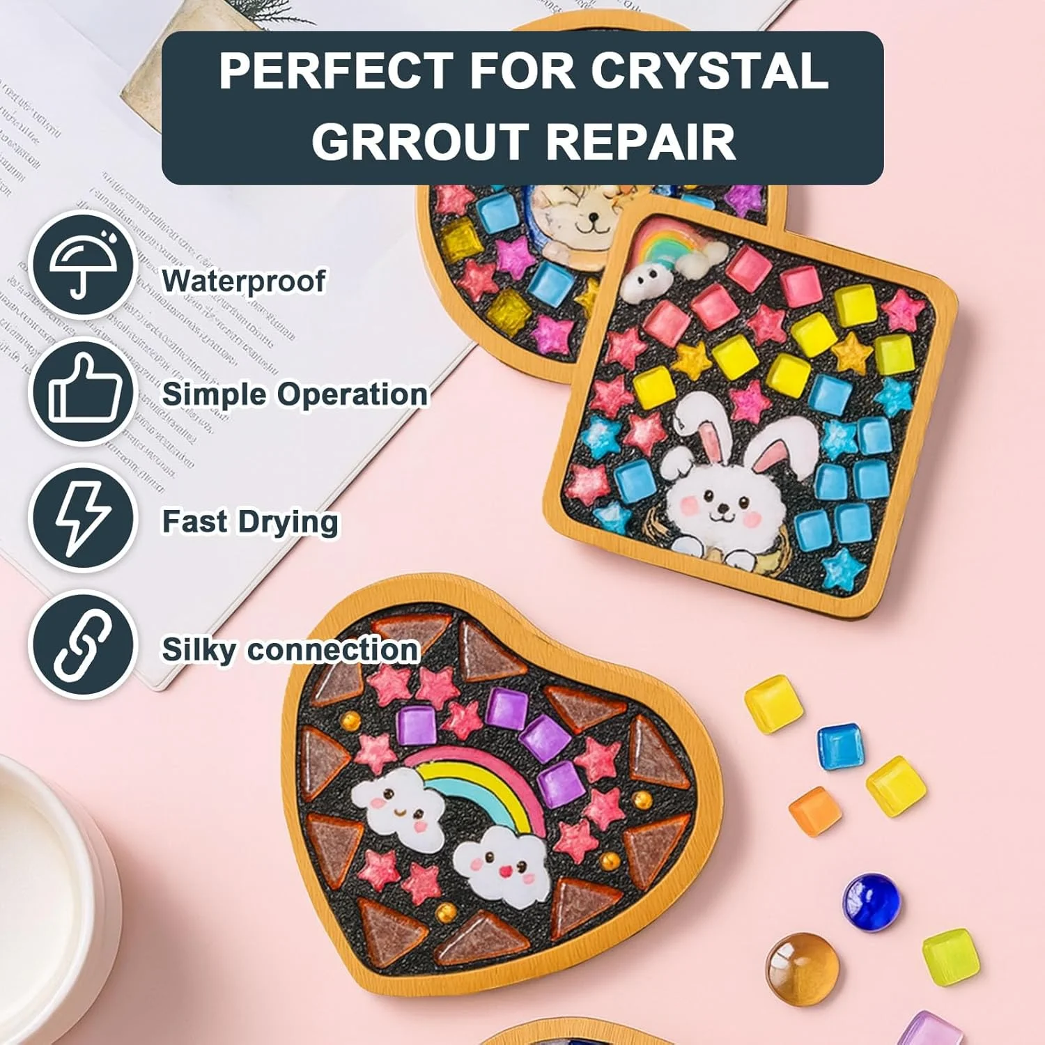 ملات موزاییک برای صنایع دستی - ملات کاشی کریستالی مشکی زود خشک شونده، عامل درزگیری آماده برای استفاده برای هنر شیشه ای DIY، هدایای دست ساز و لوازم کیت موزاییک (130 گرم)