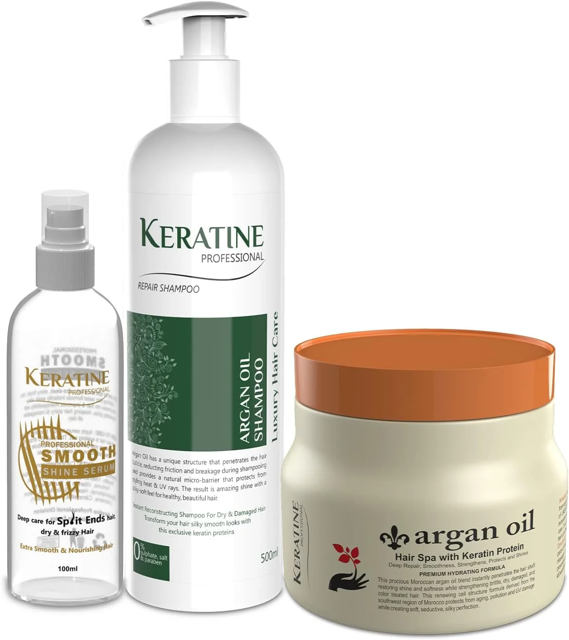 شامپو، ماسک و سرم ۱۰۰ میلی لیتری روغن آرگان مراکشی کراتین پروفشنال، بدون سولفات - مناسب موهای آسیب دیده، خشک، فر یا وز - ضخیم کننده موهای نازک/کم پشت و موهای کراتینه شده - ساخت هند
