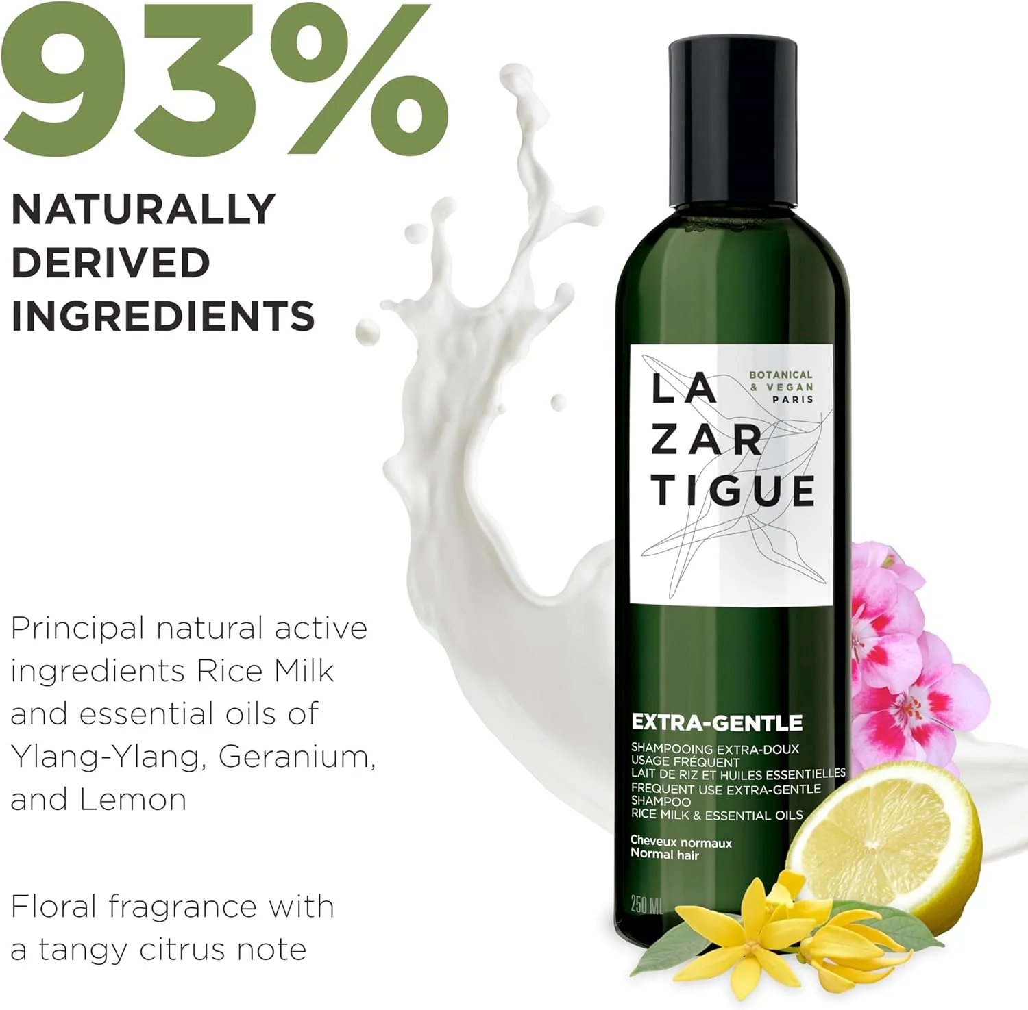 شامپو بسیار ملایم لازارتیگ، شامپو روزانه غنی شده با شیر برنج برای تمام اعضای خانواده، وگان، بدون سولفات، بدون سیلیکون، 250 میلی لیتر