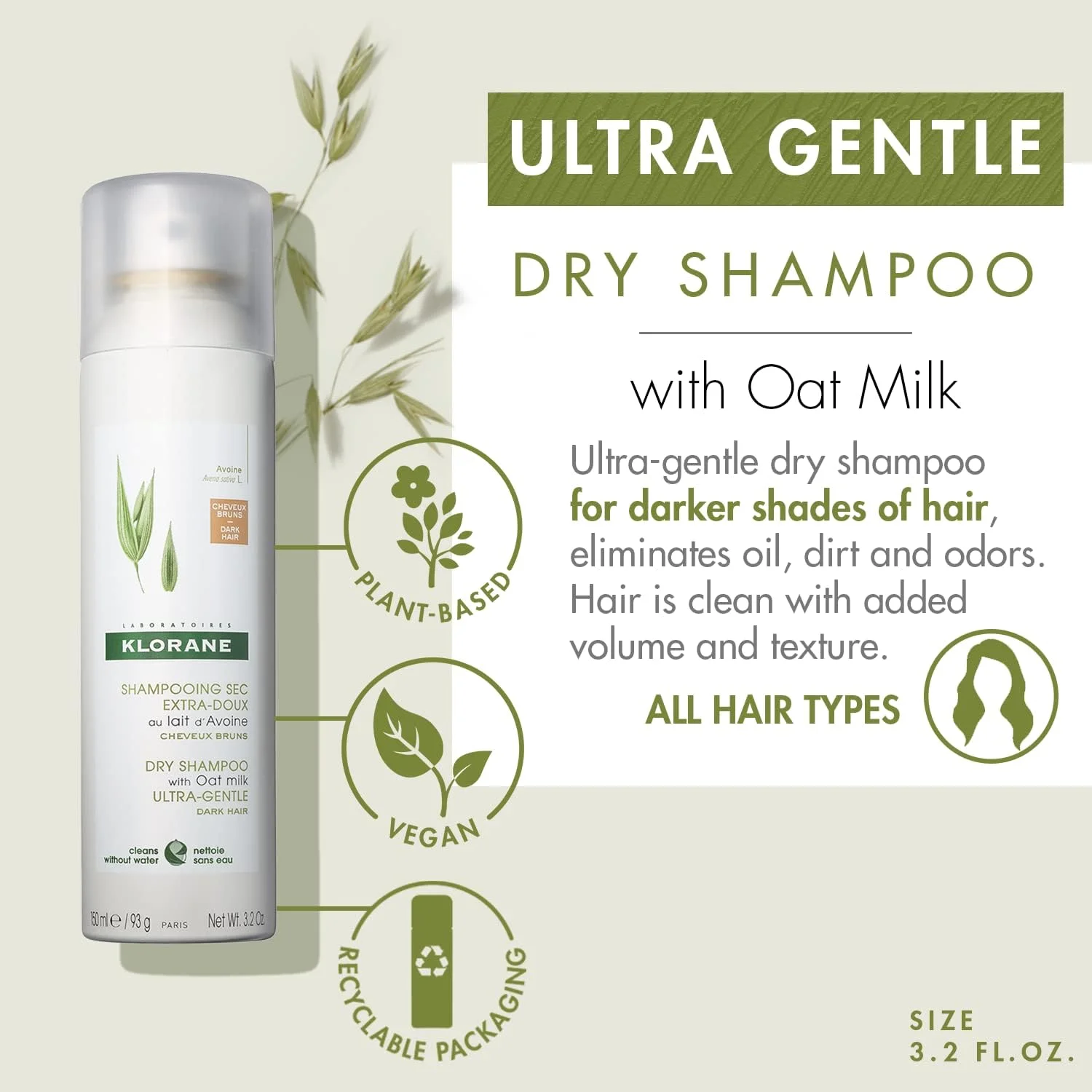 شامپو خشک کلوران با شیر جو دوسر، برای موهای تیره، رنگ طبیعی، مناسب انواع مو، فاقد پارابن و سولفات، 96 گرم