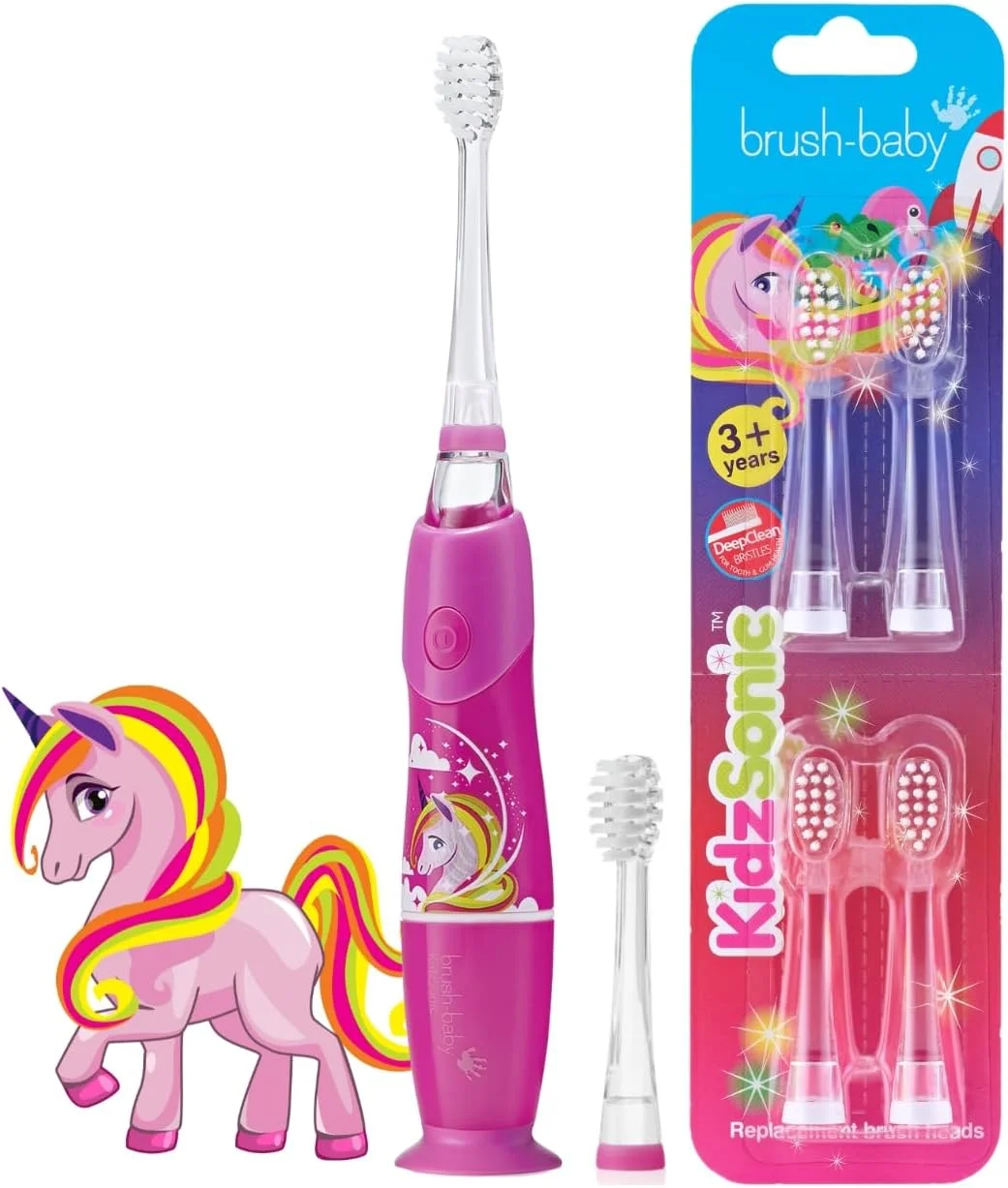 مسواک برقی کودکانه KidzSonic طرح تک شاخ همراه با بسته 4 عددی سری یدک - مراقبت جادویی از دهان و دندان کودکان، تمیز کنندگی ملایم و موثر، تشویق به لبخندی سالم