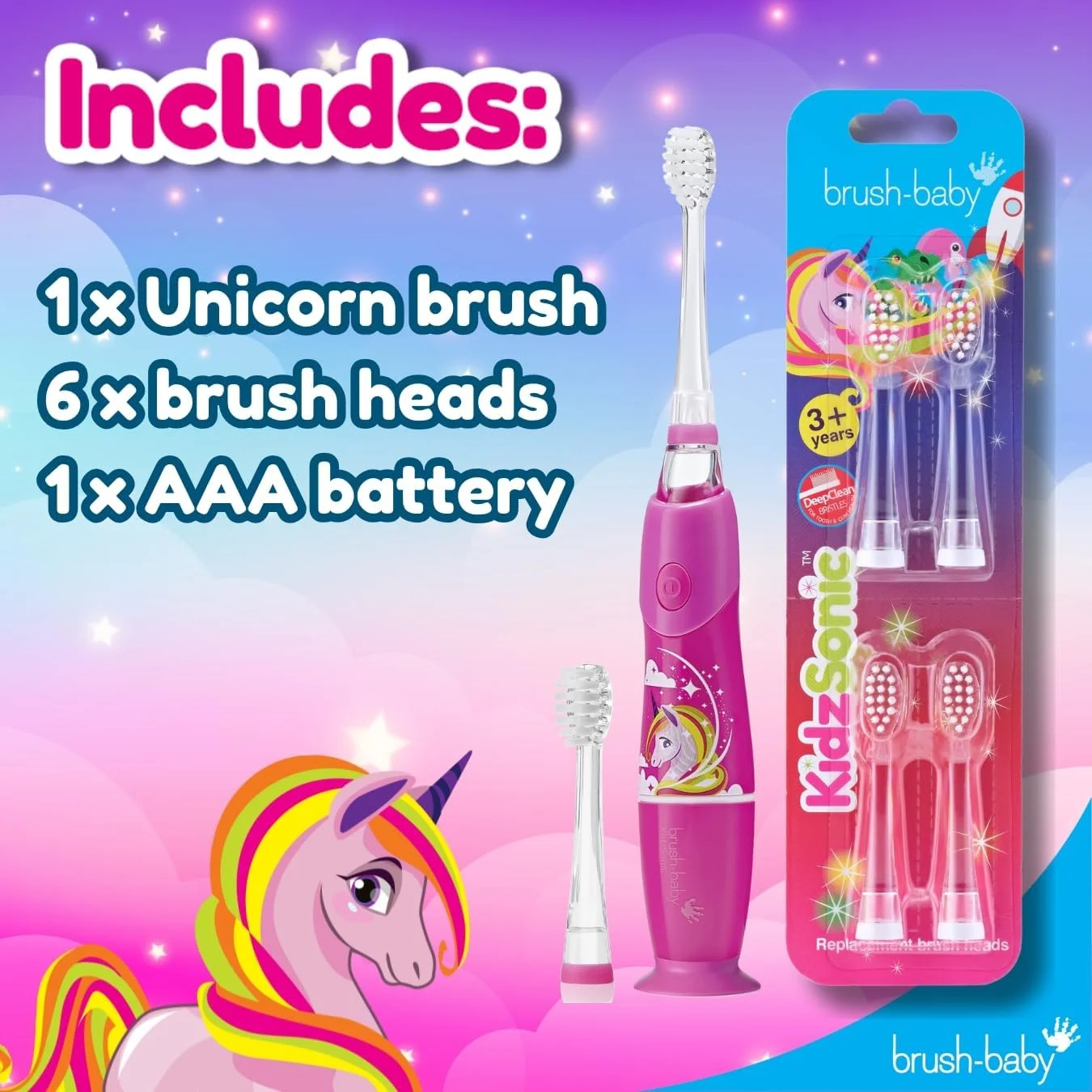 مسواک برقی کودکانه KidzSonic طرح تک شاخ همراه با بسته 4 عددی سری یدک - مراقبت جادویی از دهان و دندان کودکان، تمیز کنندگی ملایم و موثر، تشویق به لبخندی سالم