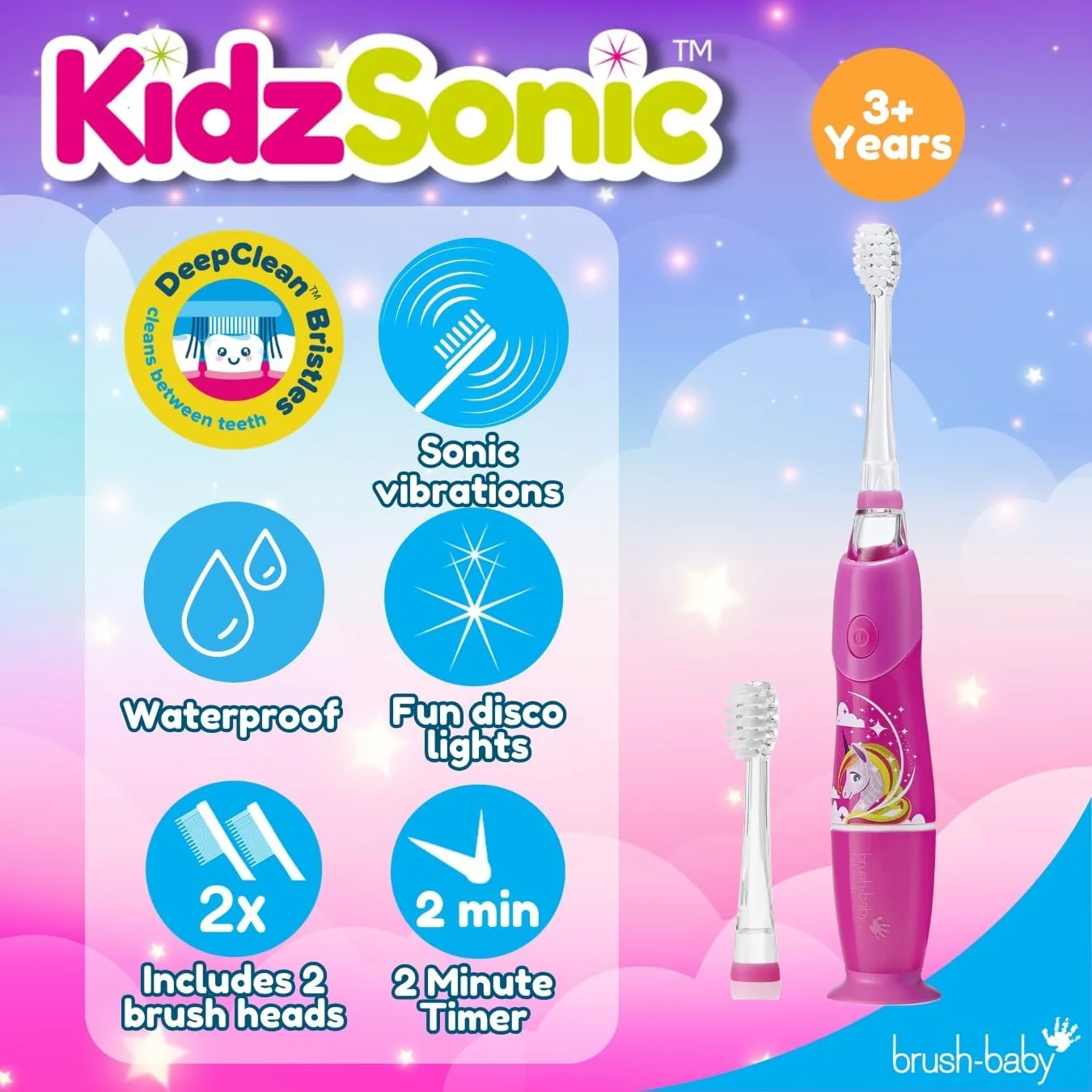 مسواک برقی کودکانه KidzSonic طرح تک شاخ همراه با بسته 4 عددی سری یدک - مراقبت جادویی از دهان و دندان کودکان، تمیز کنندگی ملایم و موثر، تشویق به لبخندی سالم