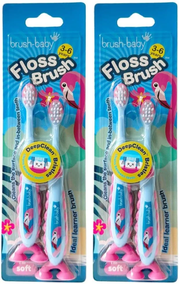 مسواک کودک برس-بیبی فلامینگو FlossBrush™ با برس های نرم - مناسب برای 3 تا 6 سال - بسته 4 عددی