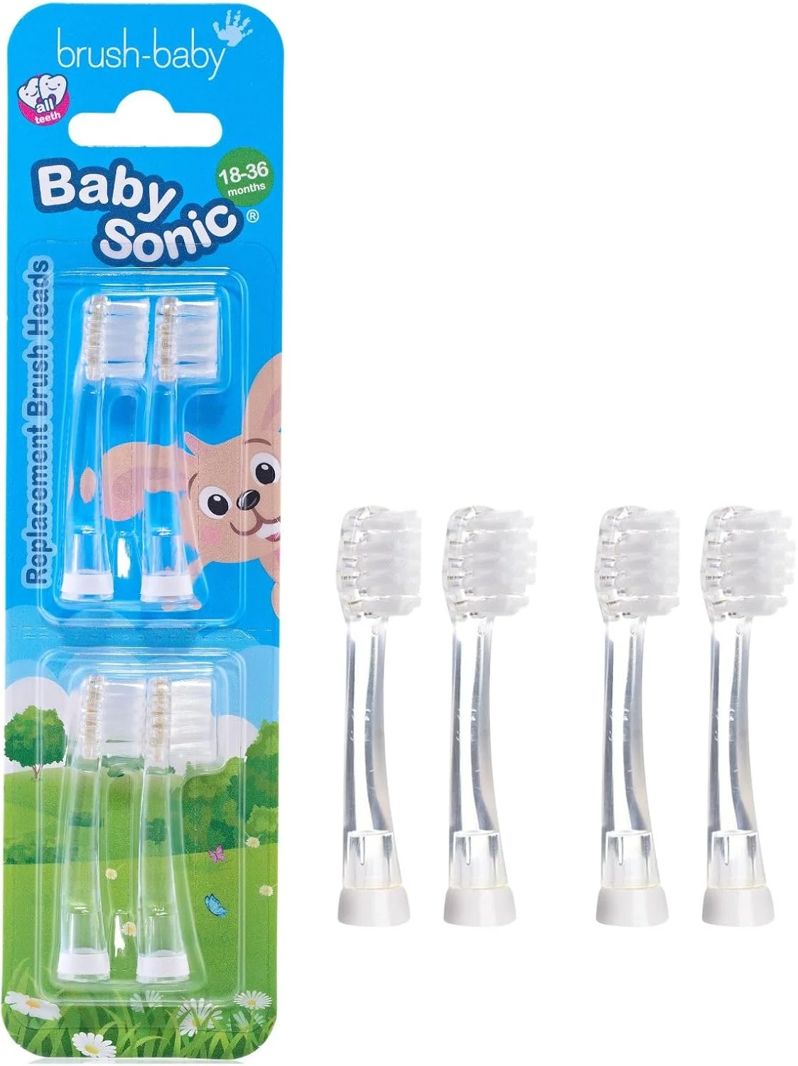 سری یدک مسواک برقی کودک Brush-baby BabySonic مناسب کودکان 18 تا 36 ماه - برس نرم برای لثه های حساس، مراقبت کامل از دهان کودک، بسته 4 عددی، تمیز کردن آسان، فاقد BPA، شفاف