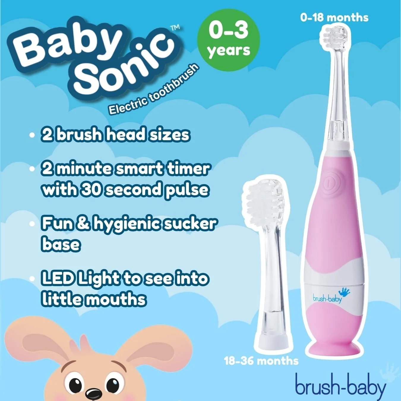 مسواک برقی کودک Brush-Baby New BabySonic، صورتی نوزادی، با برس های فوق العاده نرم، تایمر 2 دقیقه ای و سر مسواک LED روشن شونده. مناسب برای سنین 0-3 سال
