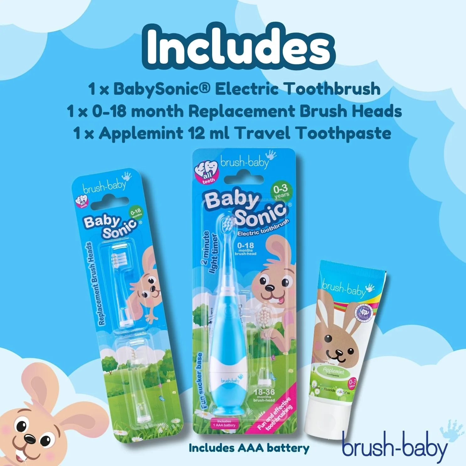 براش-بیبی - ست هدیه مسواک برقی کودک BabySonic آبی، 0-36 ماه - مسواک ویبره نرم، 4 عدد سری جایگزین، خمیر دندان فلوراید با طعم سیب نعناع (12 میلی لیتر) و 1 عدد باتری AAA