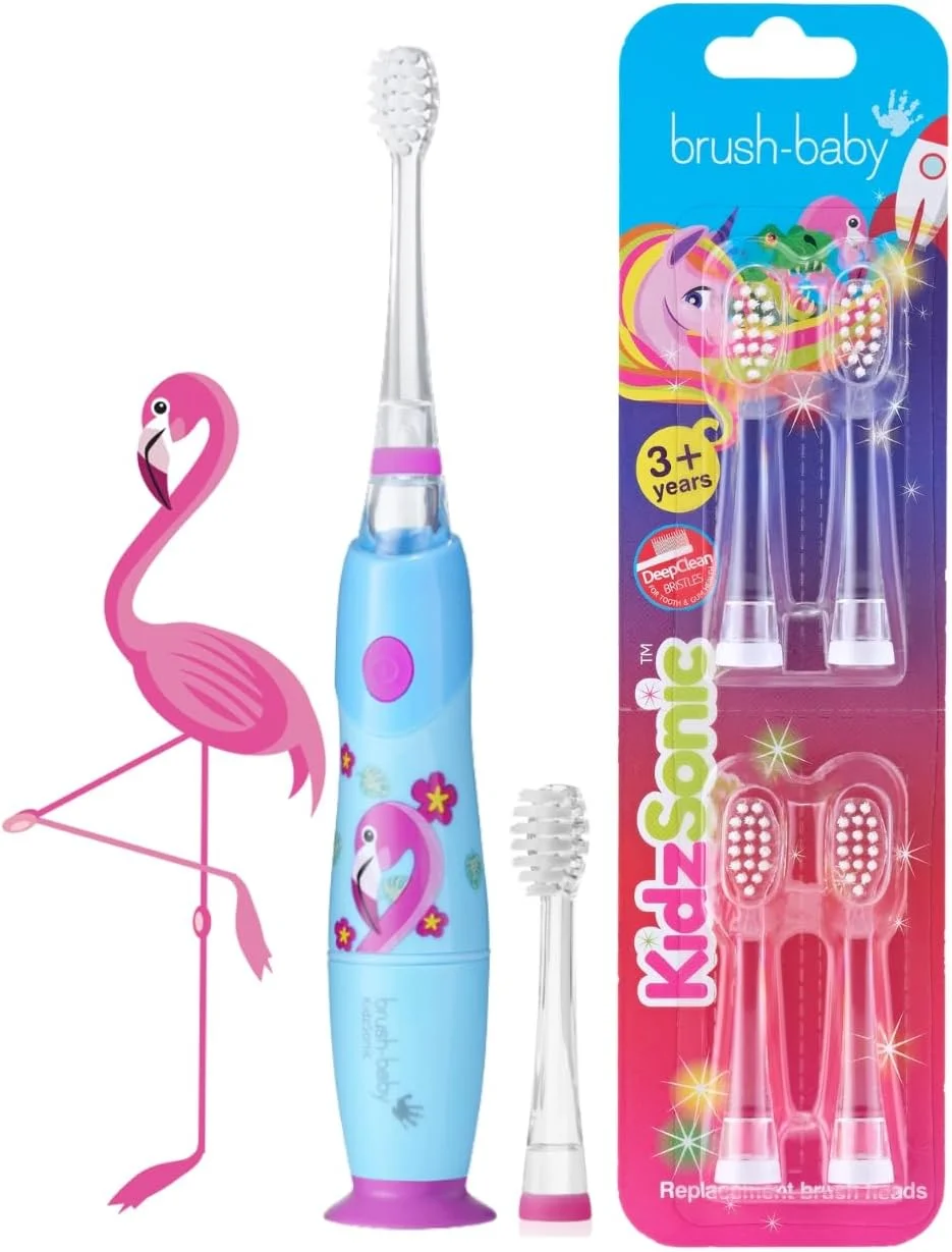 مسواک برقی کودکانه کیدزسونیک طرح فلامینگو به همراه 4 عدد سری یدک - مراقبت از دهان و دندان شاداب برای کودکان، مسواک زدن را سرگرم کننده و موثر می کند