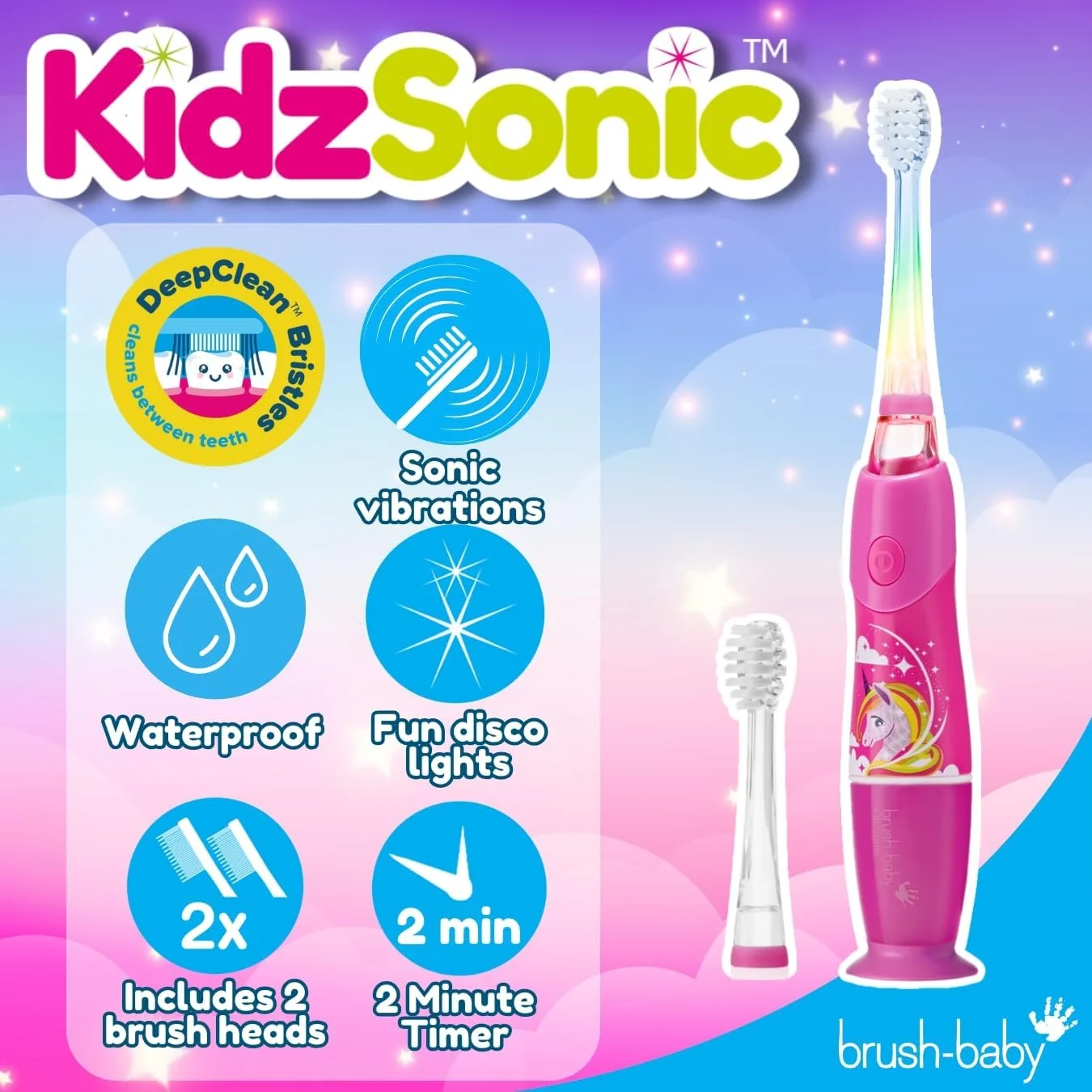 مسواک برقی کودکانه Brush-Baby KidzSonic - طرح تک شاخ، سرگرم کننده برای کودکان 3 سال به بالا، تمیز کنندگی ملایم و موثر، طراحی برنده جایزه، تایمر هوشمند، سری های قابل تعویض، ضد آب، صورتی