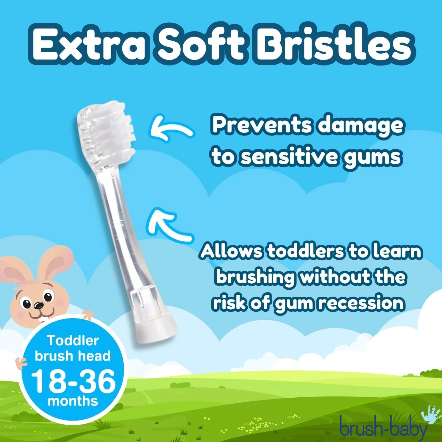 سری یدک مسواک برقی کودک Brush-baby BabySonic مناسب کودکان 18 تا 36 ماه - برس نرم برای لثه های حساس، مراقبت کامل از دهان کودک، بسته 4 عددی، تمیز کردن آسان، فاقد BPA، شفاف