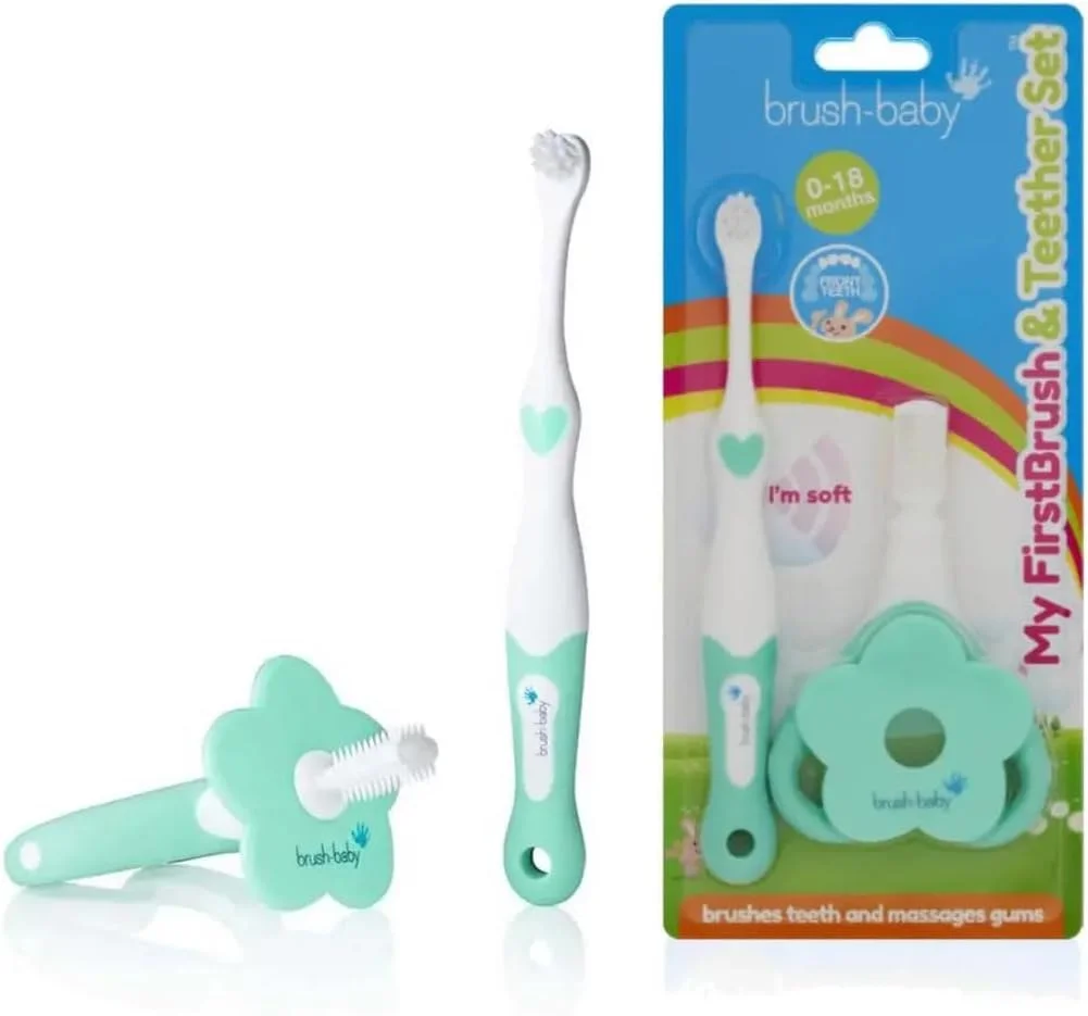 مجموعه مراقبت از اولین دندان های Brush-Baby: اولین مسواک ملایم و اولین دندانگیر تسکین دهنده برای نوزادان، ایده آل برای دندان درآوردن اولیه و مراقبت از دهان، فاقد BPA، قابل شستشو در ماشین ظرفشویی، سفید/آبی