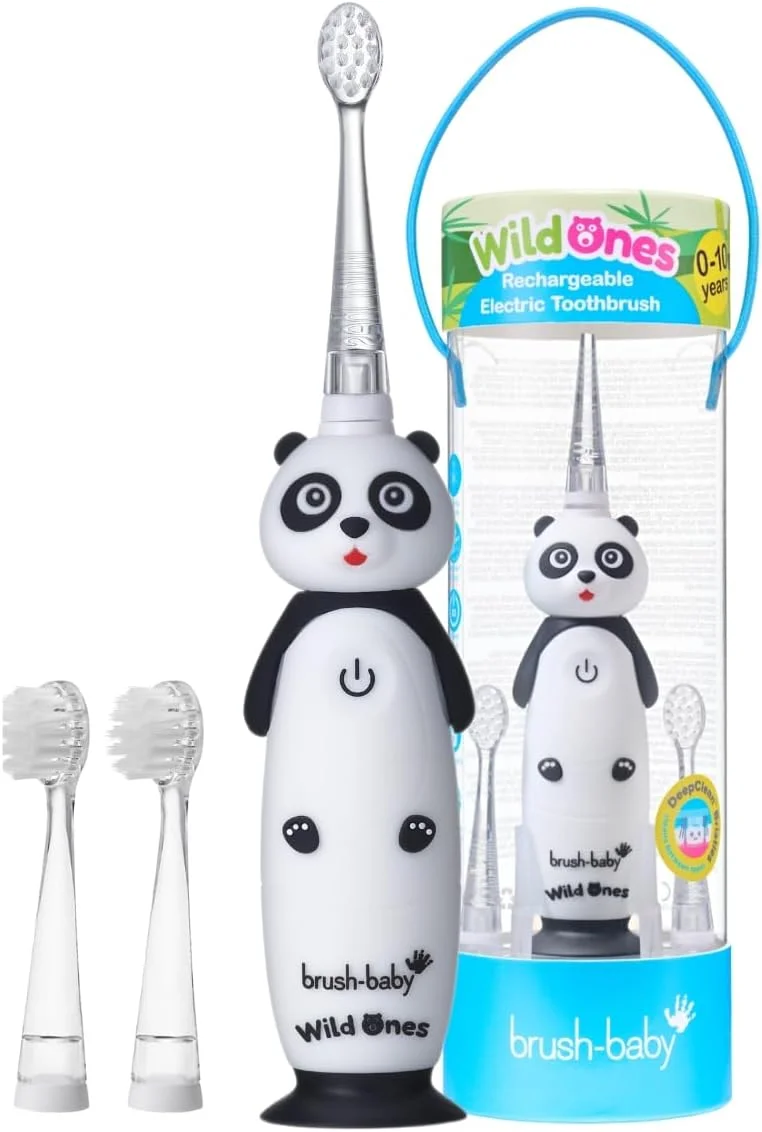 مسواک برقی شارژی کودکانه براش-بیبی مدل WildOnes طرح پاندا، 1 دسته، 3 سری مسواک، کابل شارژ USB، مناسب برای سنین 0-10 سال (پاندا)