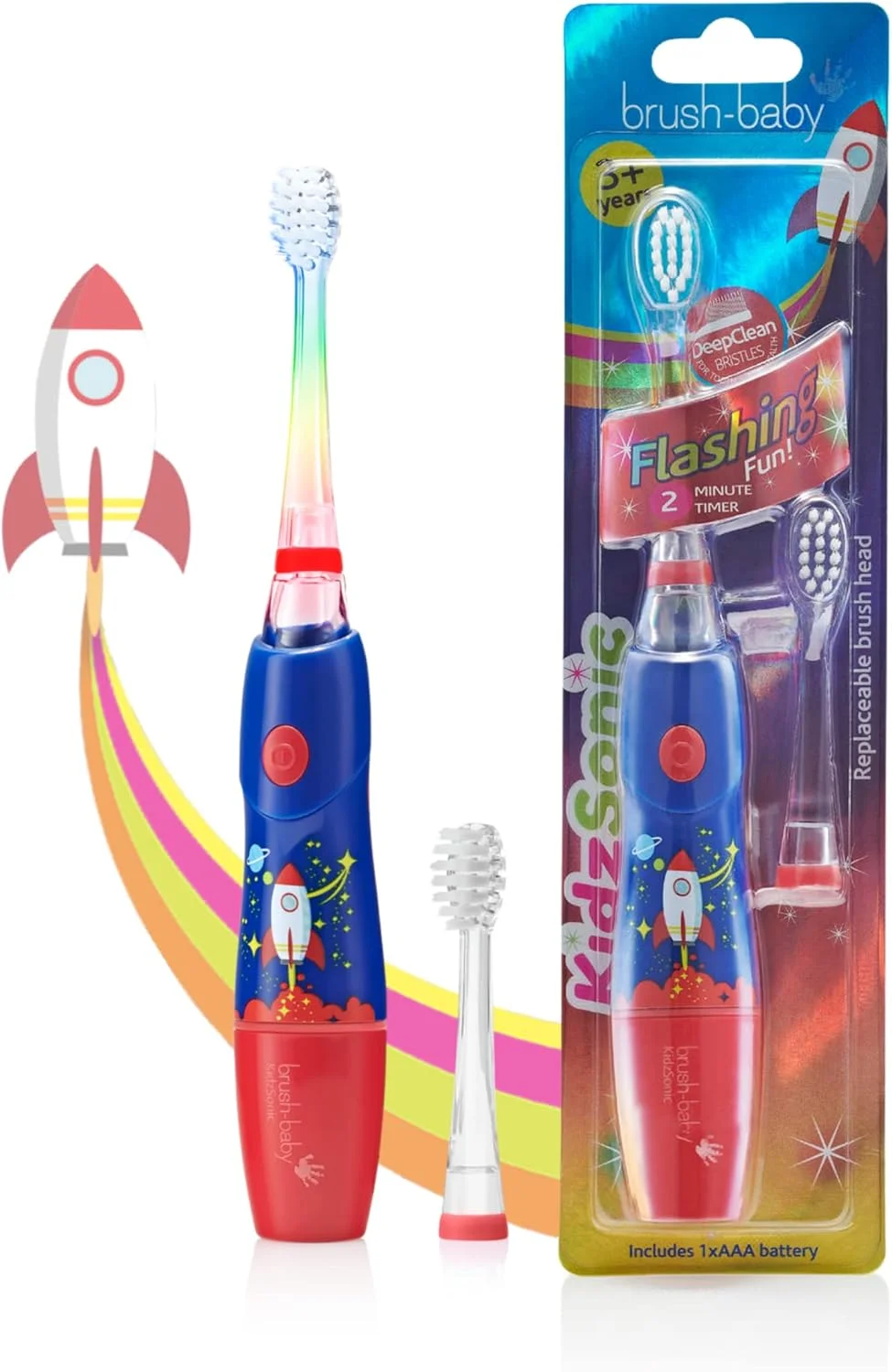 مسواک برقی موشکی کودک Brush-Baby KidzSonic برای کودکان نوپا - چراغ های دیسکو، تایمر هوشمند، برس های نخ دندان DeepClean بدون BPA برای مراقبت از لثه، لرزش ملایم - سنین 3 سال به بالا، آبی