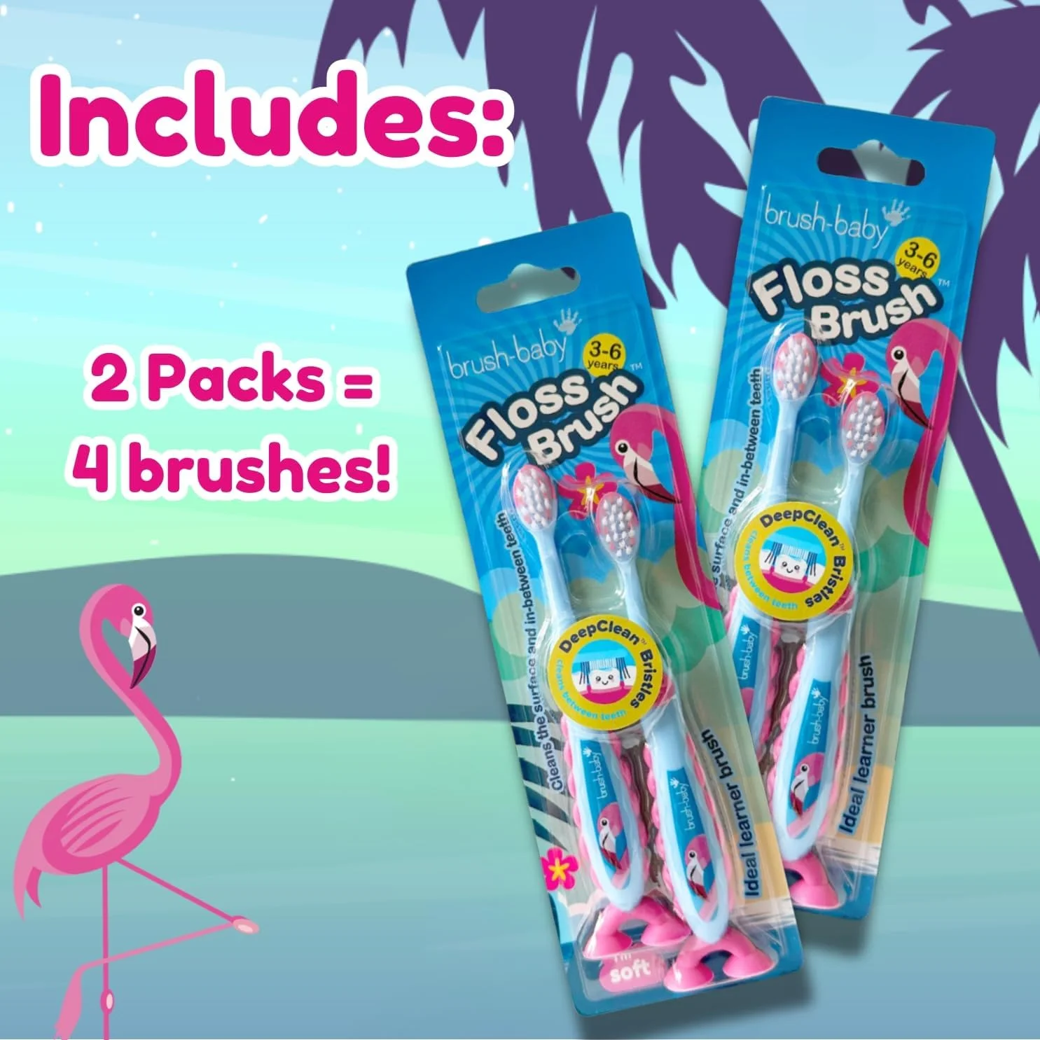 مسواک کودک برس-بیبی فلامینگو FlossBrush™ با برس های نرم - مناسب برای 3 تا 6 سال - بسته 4 عددی
