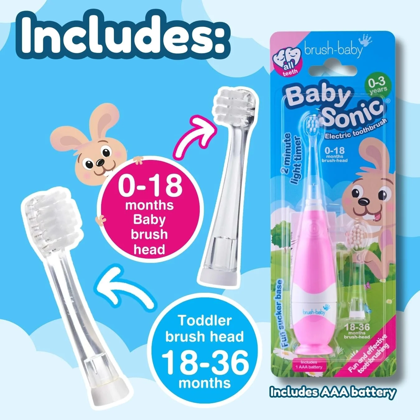 مسواک برقی کودک Brush-Baby New BabySonic، صورتی نوزادی، با برس های فوق العاده نرم، تایمر 2 دقیقه ای و سر مسواک LED روشن شونده. مناسب برای سنین 0-3 سال