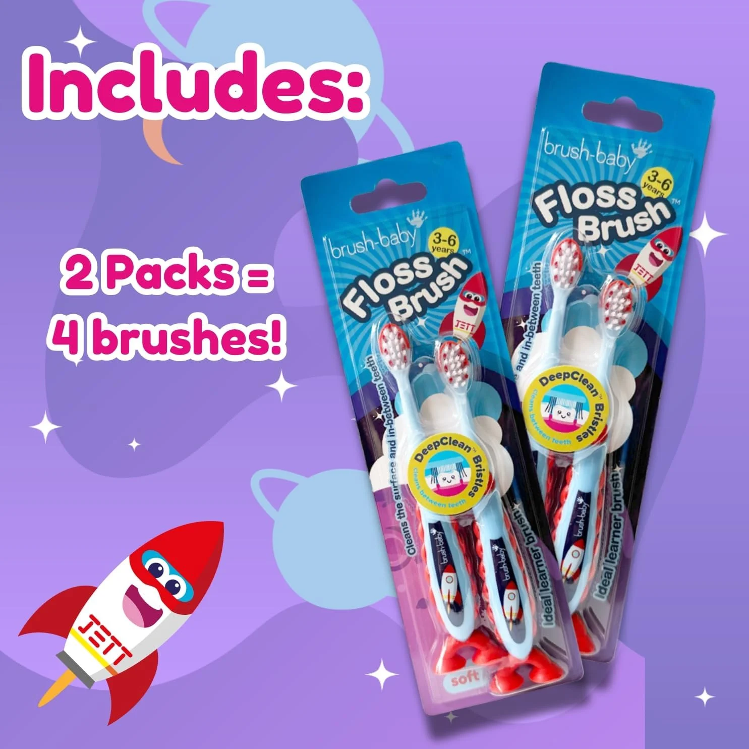 مسواک برس-بیبی مدل Rocket FlossBrush™ با برس های نرم مناسب کودکان 3 تا 6 سال - بسته 4 عددی