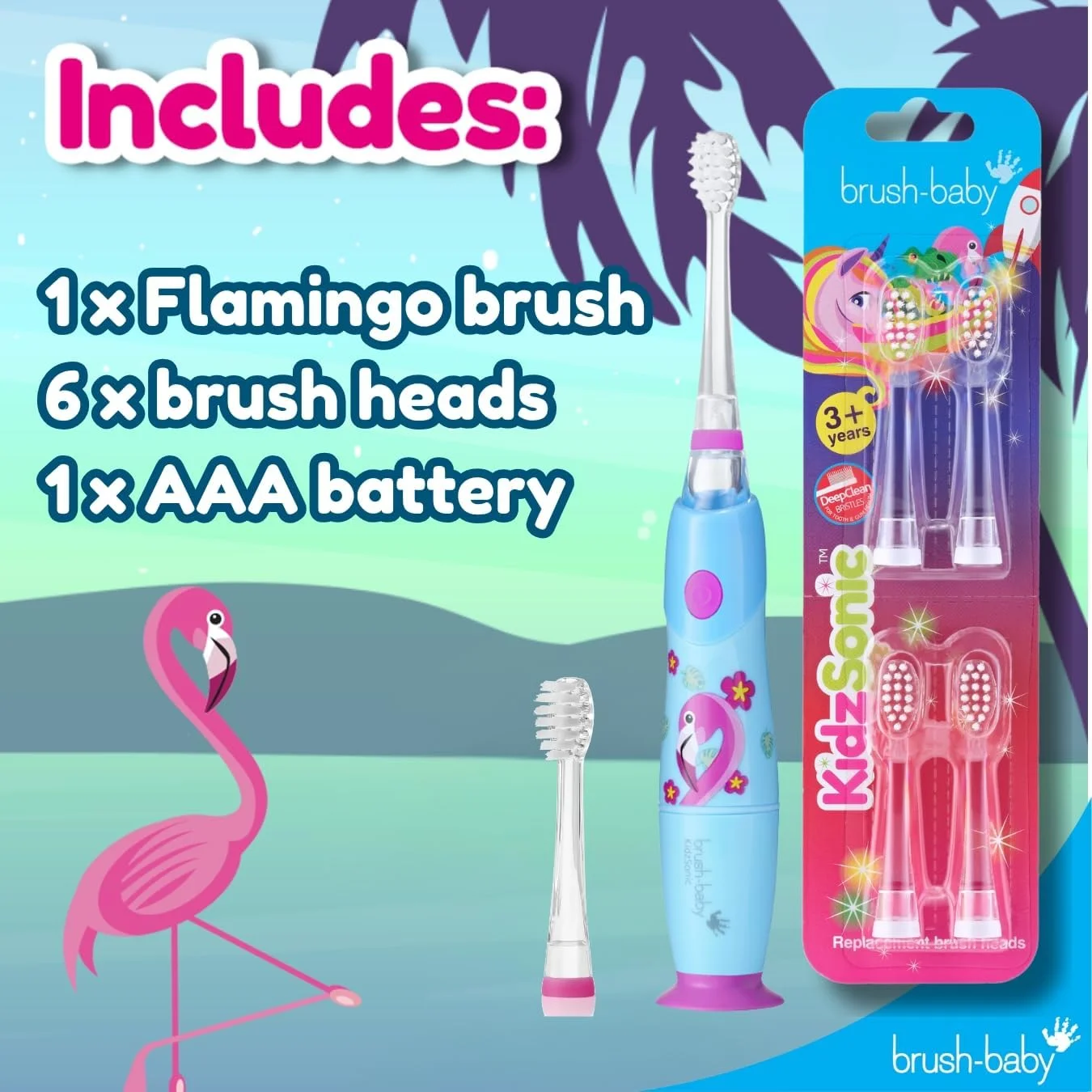 مسواک برقی کودکانه کیدزسونیک طرح فلامینگو به همراه 4 عدد سری یدک - مراقبت از دهان و دندان شاداب برای کودکان، مسواک زدن را سرگرم کننده و موثر می کند مسواک برقی کودکانه کیدزسونیک طرح فلامینگو به همراه 4 عدد سری یدک - مراقبت از دهان و دندان شاداب برای کودکان، مسواک زدن را سرگرم کننده و موثر می کند