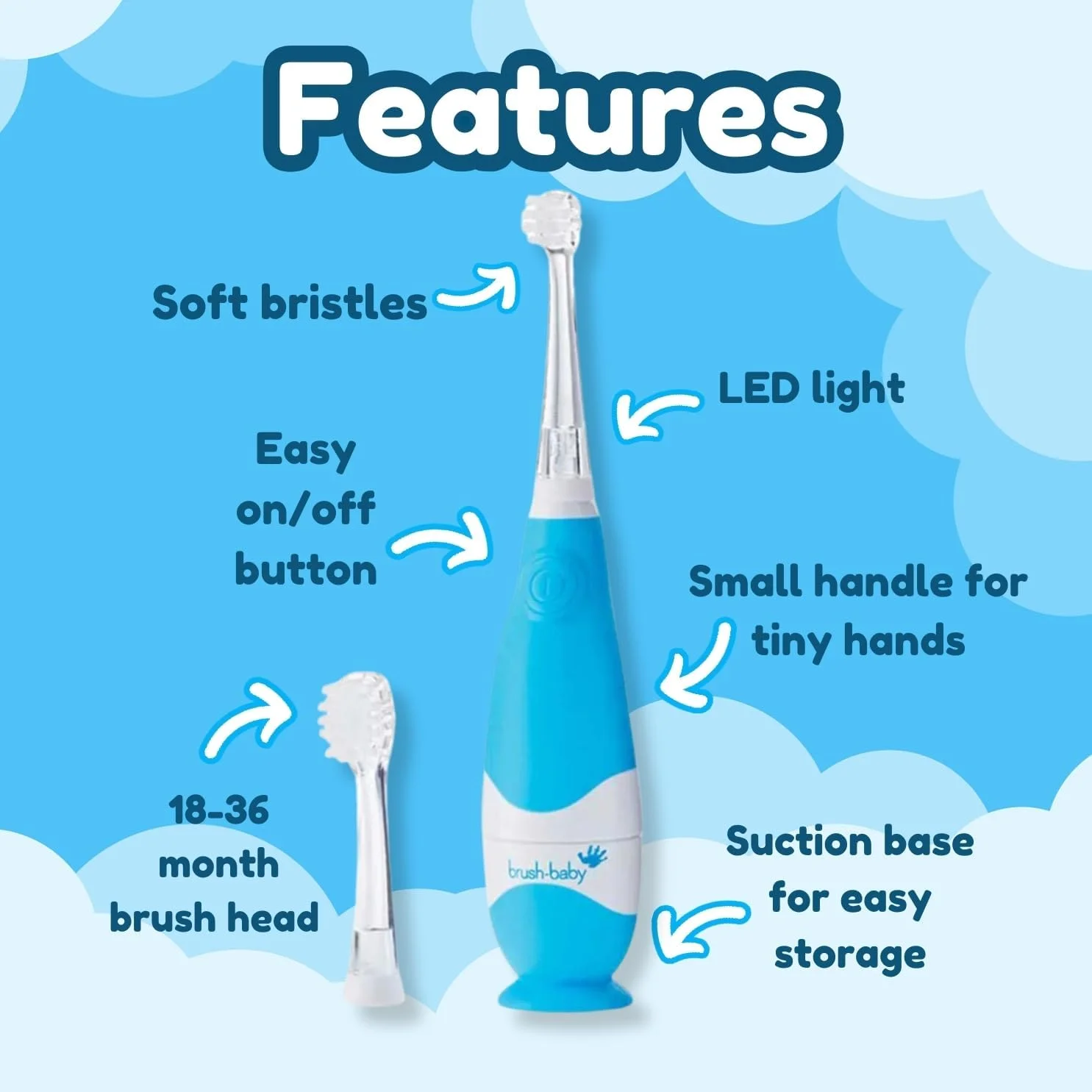 براش-بیبی - ست هدیه مسواک برقی کودک BabySonic آبی، 0-36 ماه - مسواک ویبره نرم، 4 عدد سری جایگزین، خمیر دندان فلوراید با طعم سیب نعناع (12 میلی لیتر) و 1 عدد باتری AAA