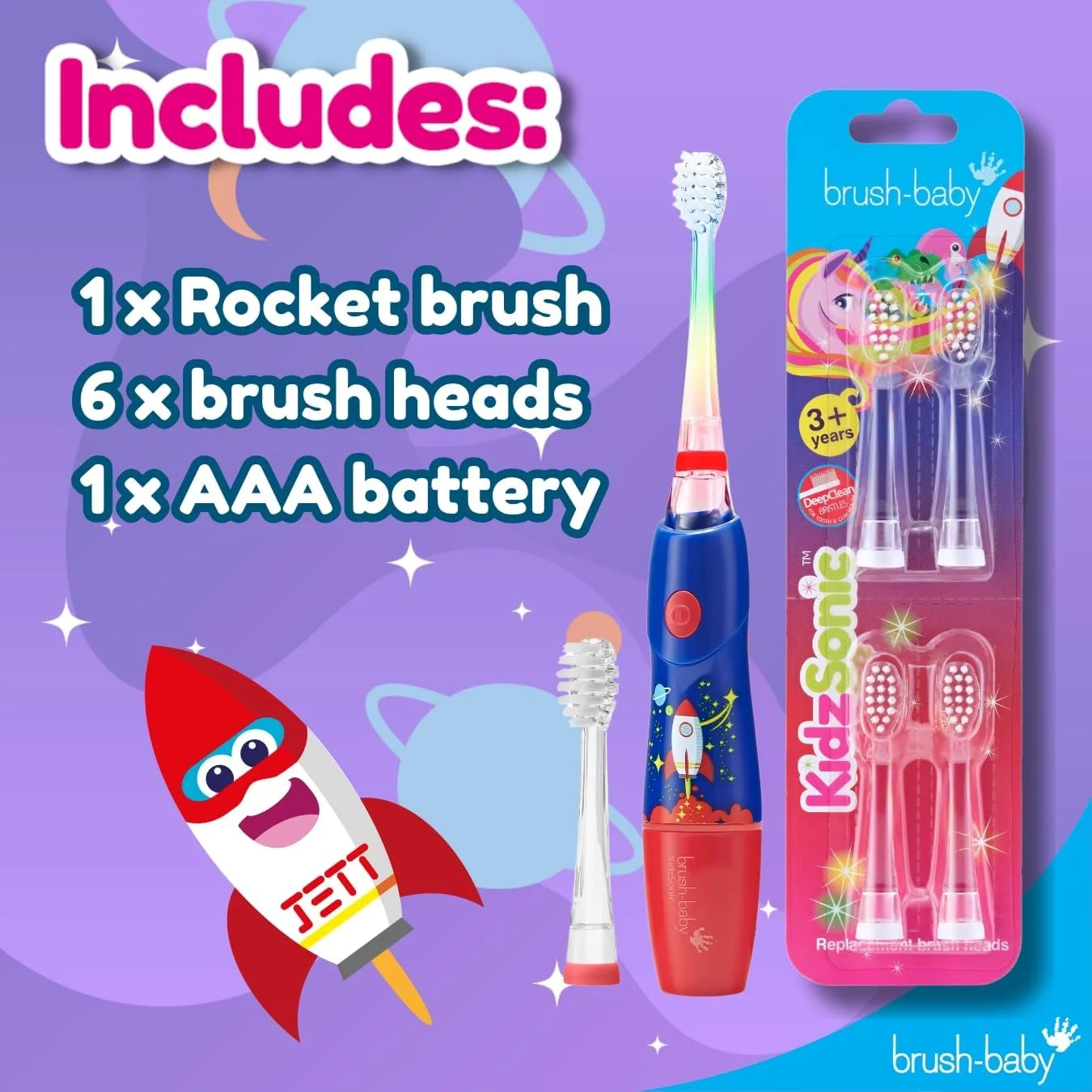 مسواک برقی کودکانه KidzSonic مدل Rocket به همراه 4 عدد سری یدک - پرتاب به سوی لبخندهای تمیز و سالم، مراقبت دهانی سرگرم کننده و موثر برای کودکان