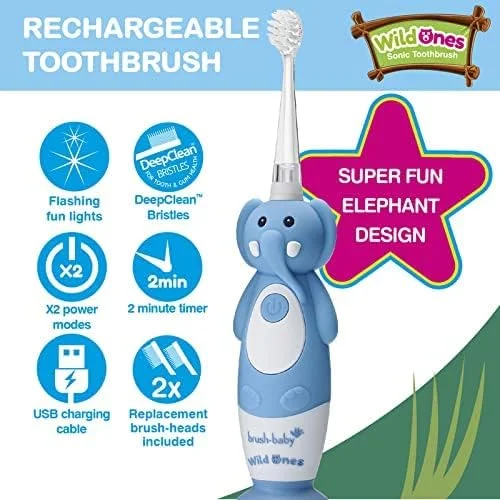 مسواک برقی شارژی کودکانه براش-بیبی مدل WildOnes طرح فیل، 1 دسته، 3 سری مسواک، کابل شارژ USB، مناسب برای سنین 0-10 سال (فیل) مسواک برقی شارژی کودکانه براش-بیبی مدل WildOnes طرح فیل، 1 دسته، 3 سری مسواک، کابل شارژ USB، مناسب برای سنین 0-10 سال (فیل)