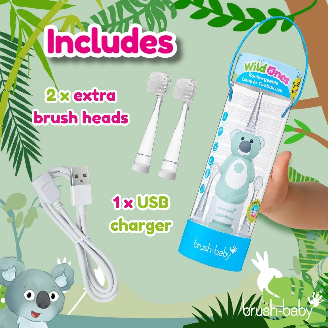 مسواک برقی شارژی کودکانه Brush-baby WildOnes™ – کوالا | چراغ های چشمک زن، تایمر 2 دقیقه ای، ضد آب، 3 سر برس | مسواک کودک و خردسال 0-10 سال | برس های نرم مسواک برقی شارژی کودکانه Brush-baby WildOnes™ – کوالا | چراغ های چشمک زن، تایمر 2 دقیقه ای، ضد آب، 3 سر برس | مسواک کودک و خردسال 0-10 سال | برس های نرم