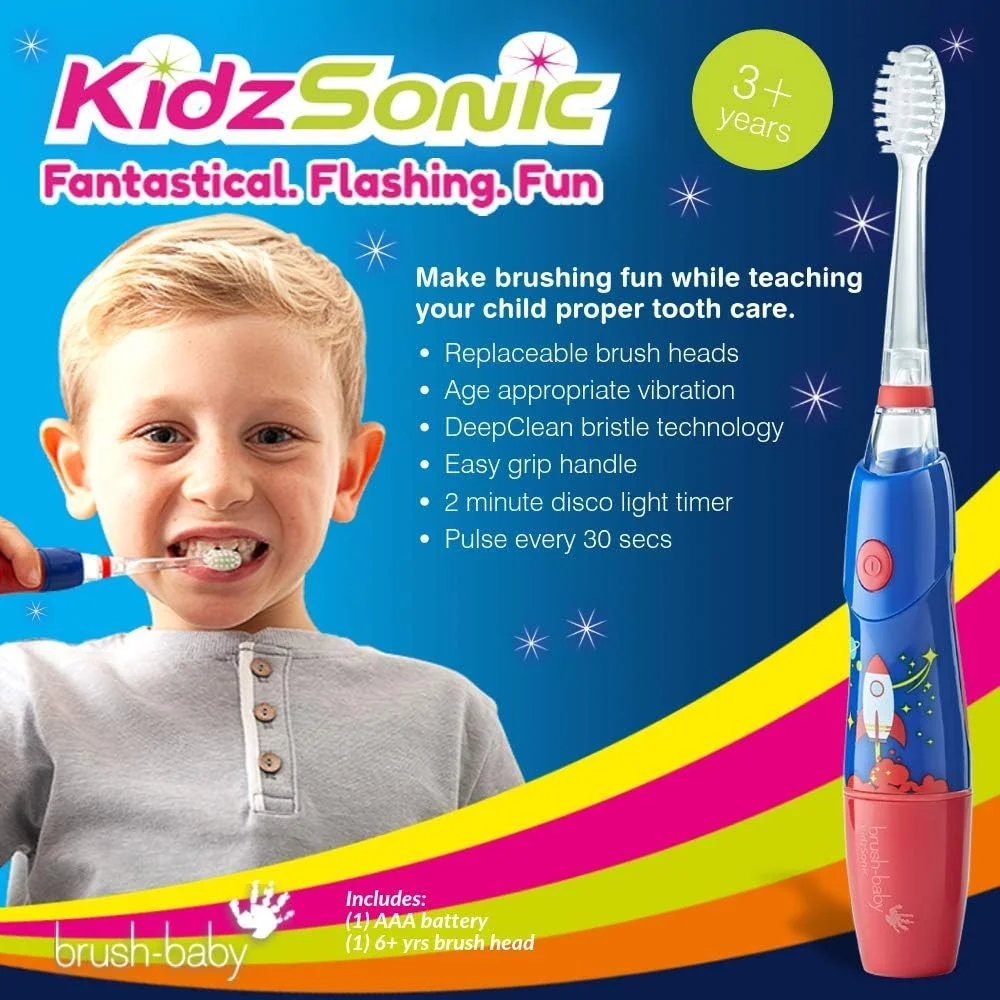 مسواک برقی موشکی کودک Brush-Baby KidzSonic برای کودکان نوپا - چراغ های دیسکو، تایمر هوشمند، برس های نخ دندان DeepClean بدون BPA برای مراقبت از لثه، لرزش ملایم - سنین 3 سال به بالا، آبی