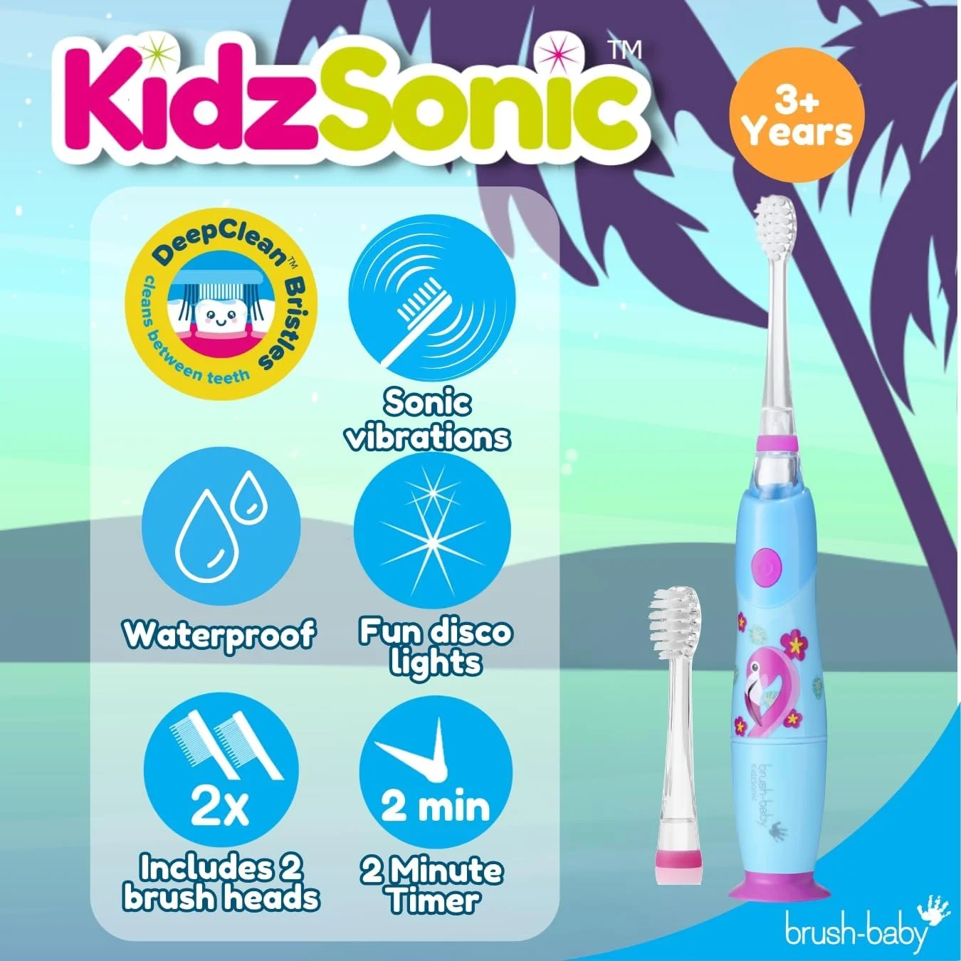 مسواک برقی کودکانه کیدزسونیک طرح فلامینگو به همراه 4 عدد سری یدک - مراقبت از دهان و دندان شاداب برای کودکان، مسواک زدن را سرگرم کننده و موثر می کند مسواک برقی کودکانه کیدزسونیک طرح فلامینگو به همراه 4 عدد سری یدک - مراقبت از دهان و دندان شاداب برای کودکان، مسواک زدن را سرگرم کننده و موثر می کند