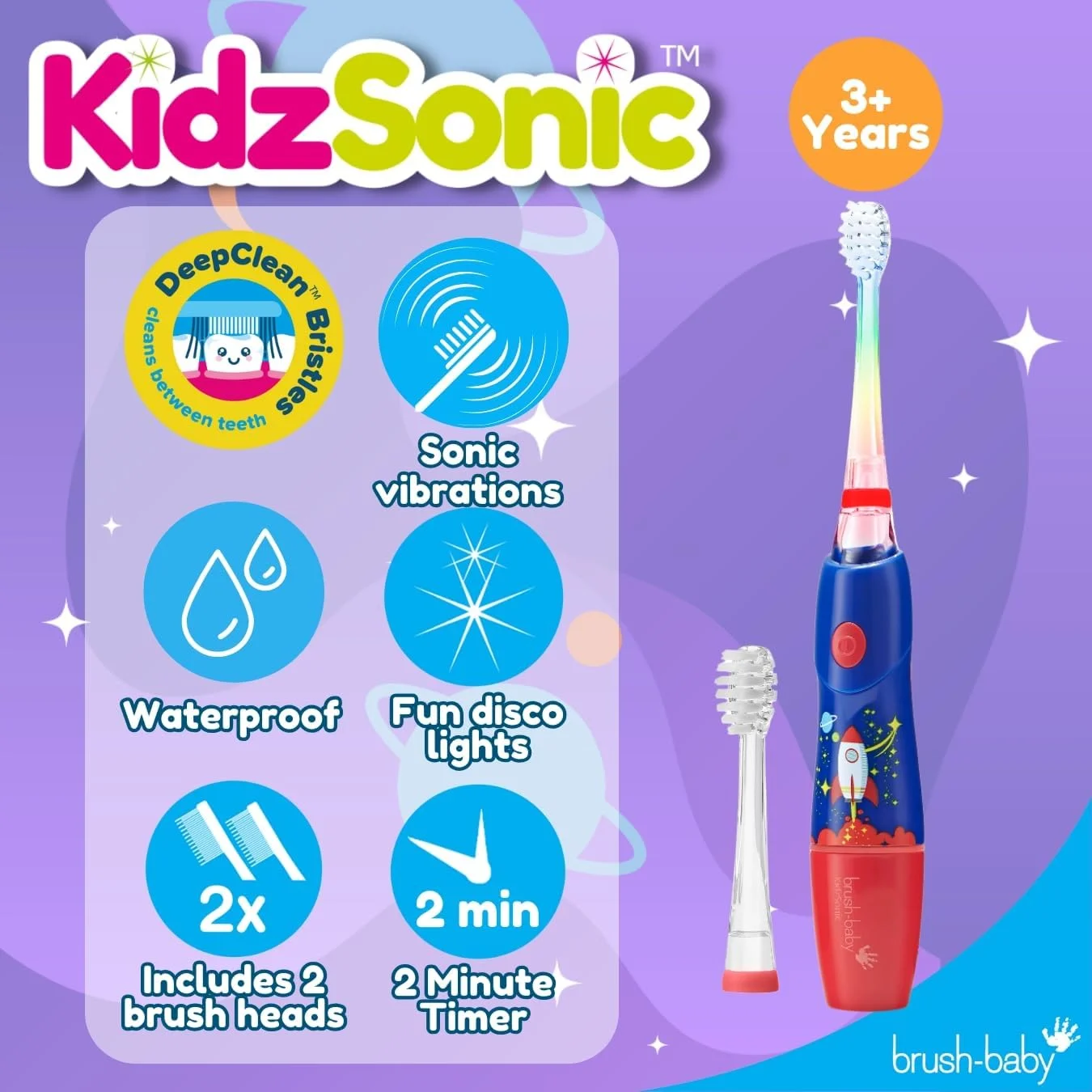 مسواک برقی کودکانه KidzSonic مدل Rocket به همراه 4 عدد سری یدک - پرتاب به سوی لبخندهای تمیز و سالم، مراقبت دهانی سرگرم کننده و موثر برای کودکان