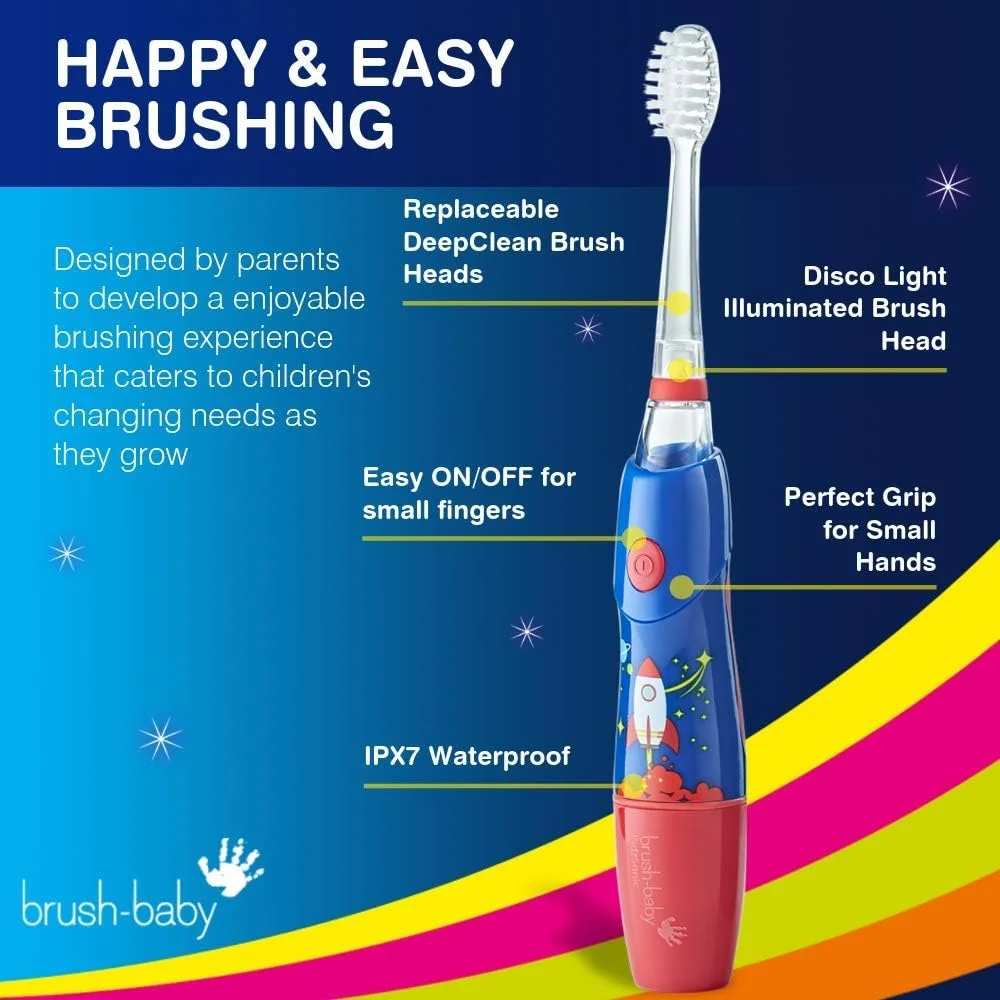 مسواک برقی موشکی کودک Brush-Baby KidzSonic برای کودکان نوپا - چراغ های دیسکو، تایمر هوشمند، برس های نخ دندان DeepClean بدون BPA برای مراقبت از لثه، لرزش ملایم - سنین 3 سال به بالا، آبی