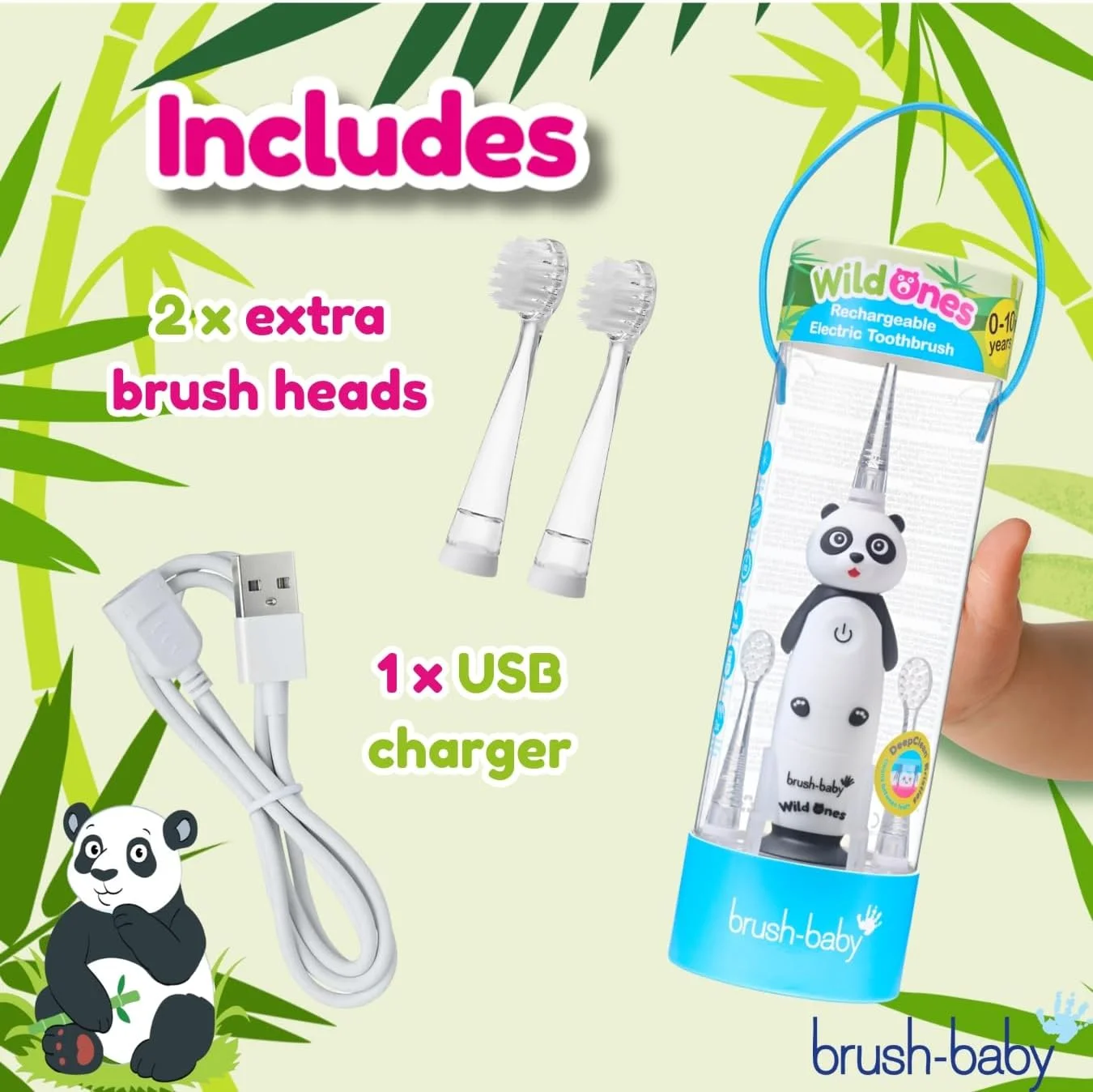 مسواک برقی شارژی کودکانه براش-بیبی مدل WildOnes طرح پاندا، 1 دسته، 3 سری مسواک، کابل شارژ USB، مناسب برای سنین 0-10 سال (پاندا)