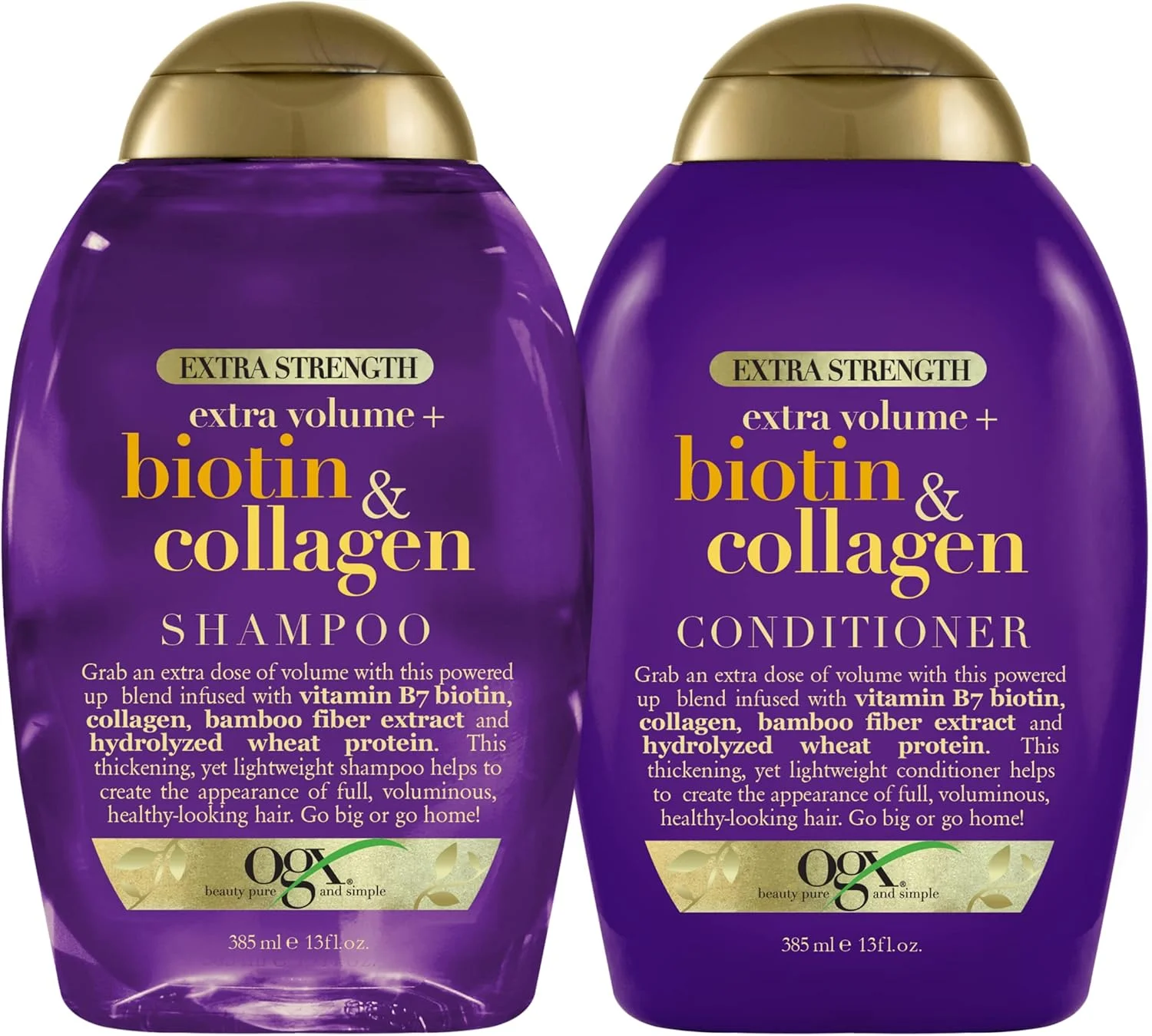 شامپو و نرم کننده حجم دهنده موهای نازک OGX حاوی بیوتین و کلاژن، تقویت شده با ویتامین B7 و پروتئین گندم هیدرولیز شده، بدون سولفات، 385 میلی لیتر