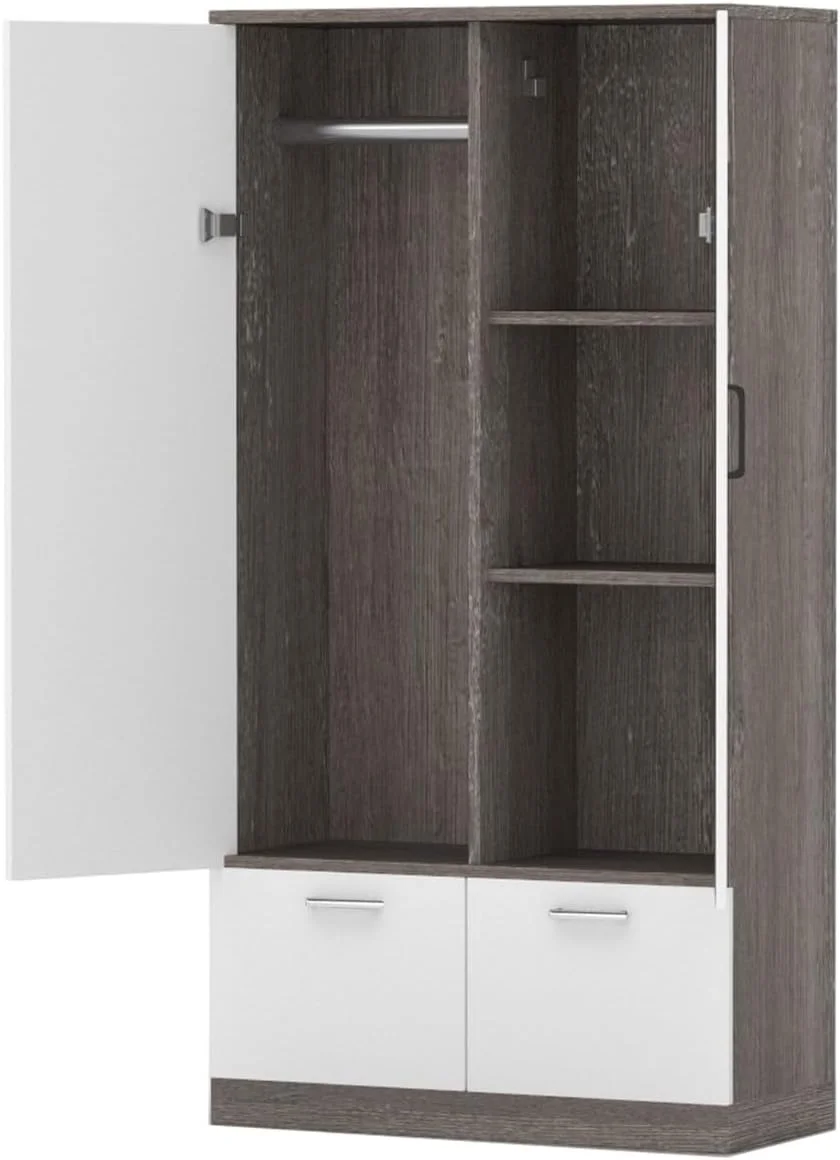 کمد لباس چوبی مهمای با 2 درب، میله آویز، 1 کشو، جاکفشی باز و 2 محفظه، کمد ذخیره سازی محکم برای اتاق خواب، اتاق نشیمن و دفتر کار - خاکستری قهوه ای بلوط رودخانه سفید/سفید ممتاز