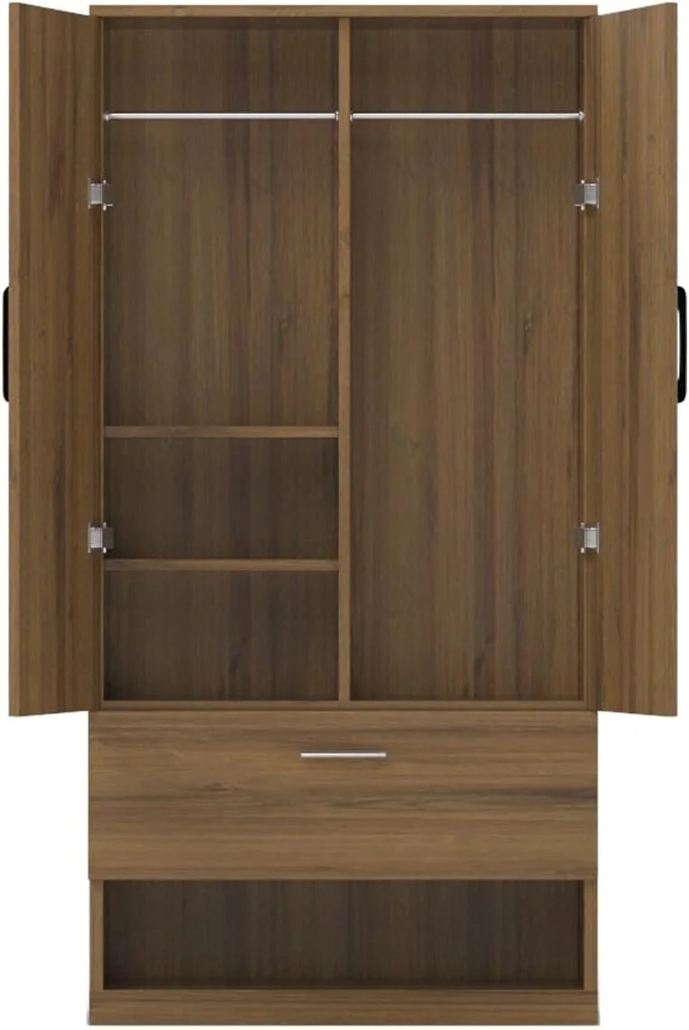 کمد لباس چوبی مهمای با 2 درب، میله آویز، 1 کشو، قفسه کفش باز و 2 محفظه، دستگیره آلیاژ آلومینیوم - ذخیره سازی محکم برای اتاق خواب، اتاق نشیمن و دفتر کار - بلوط شرمن قهوه ای کنیاکی