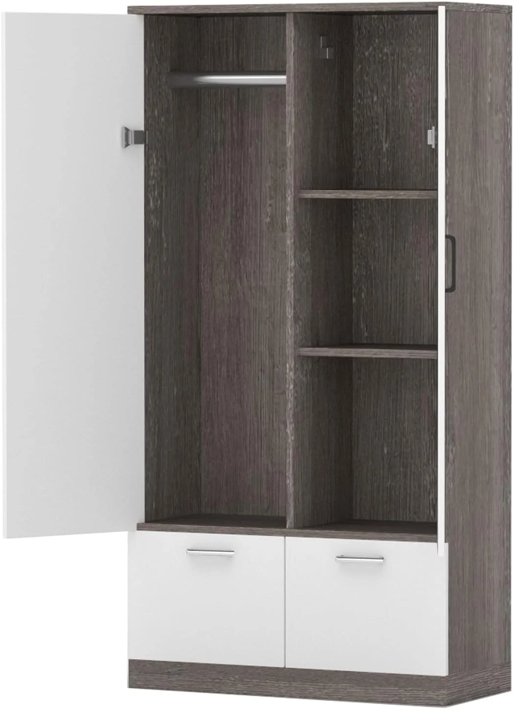 کمد لباس چوبی مهمای با 2 درب، 2 کشو، میله آویز و 2 محفظه، کابینت ذخیره سازی کمد چوبی برای اتاق خواب، اتاق نشیمن - خاکستری سفید رودخانه بلوط و سفید ممتاز