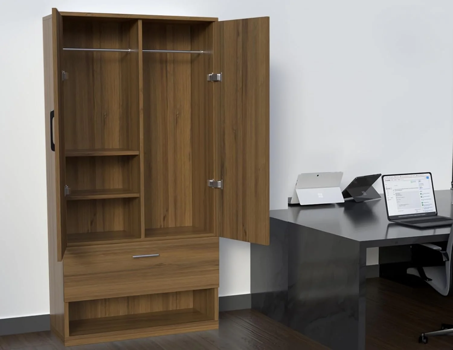 کمد لباس چوبی مهمای با 2 درب، میله آویز، 1 کشو، قفسه کفش باز و 2 محفظه، دستگیره آلیاژ آلومینیوم - ذخیره سازی محکم برای اتاق خواب، اتاق نشیمن و دفتر کار - بلوط شرمن قهوه ای کنیاکی