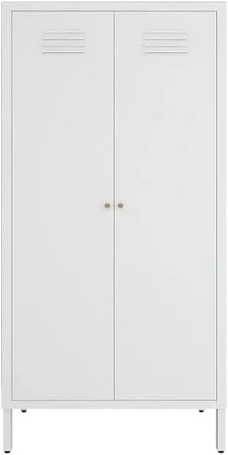 کمد لباس فلزی LINGZOE با 2 درب مغناطیسی، کابینت ذخیره سازی با میله آویز و روکش، کمدهای بلند فلزی طبقه بندی شده با پایه برای اتاق خواب منزل (سفید)