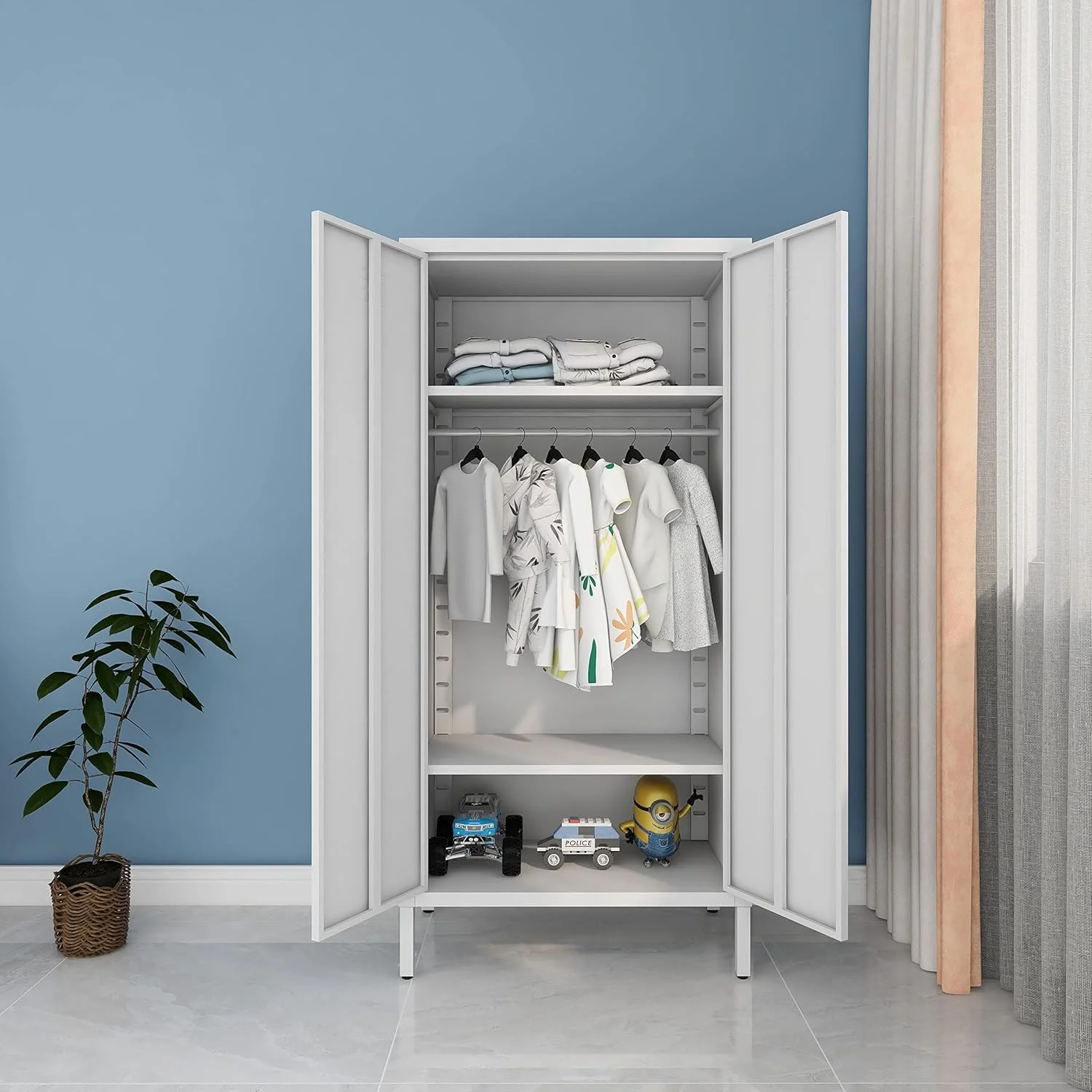 کمد لباس فلزی LINGZOE با 2 درب مغناطیسی، کابینت ذخیره سازی با میله آویز و روکش، کمدهای بلند فلزی طبقه بندی شده با پایه برای اتاق خواب منزل (سفید)