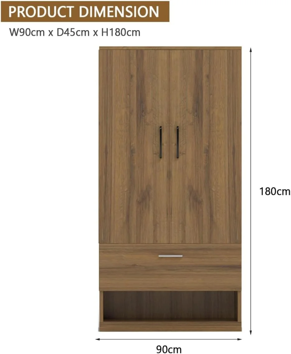 کمد لباس چوبی مهمای با 2 درب، میله آویز، 1 کشو، قفسه کفش باز و 2 محفظه، دستگیره آلیاژ آلومینیوم - ذخیره سازی محکم برای اتاق خواب، اتاق نشیمن و دفتر کار - بلوط شرمن قهوه ای کنیاکی
