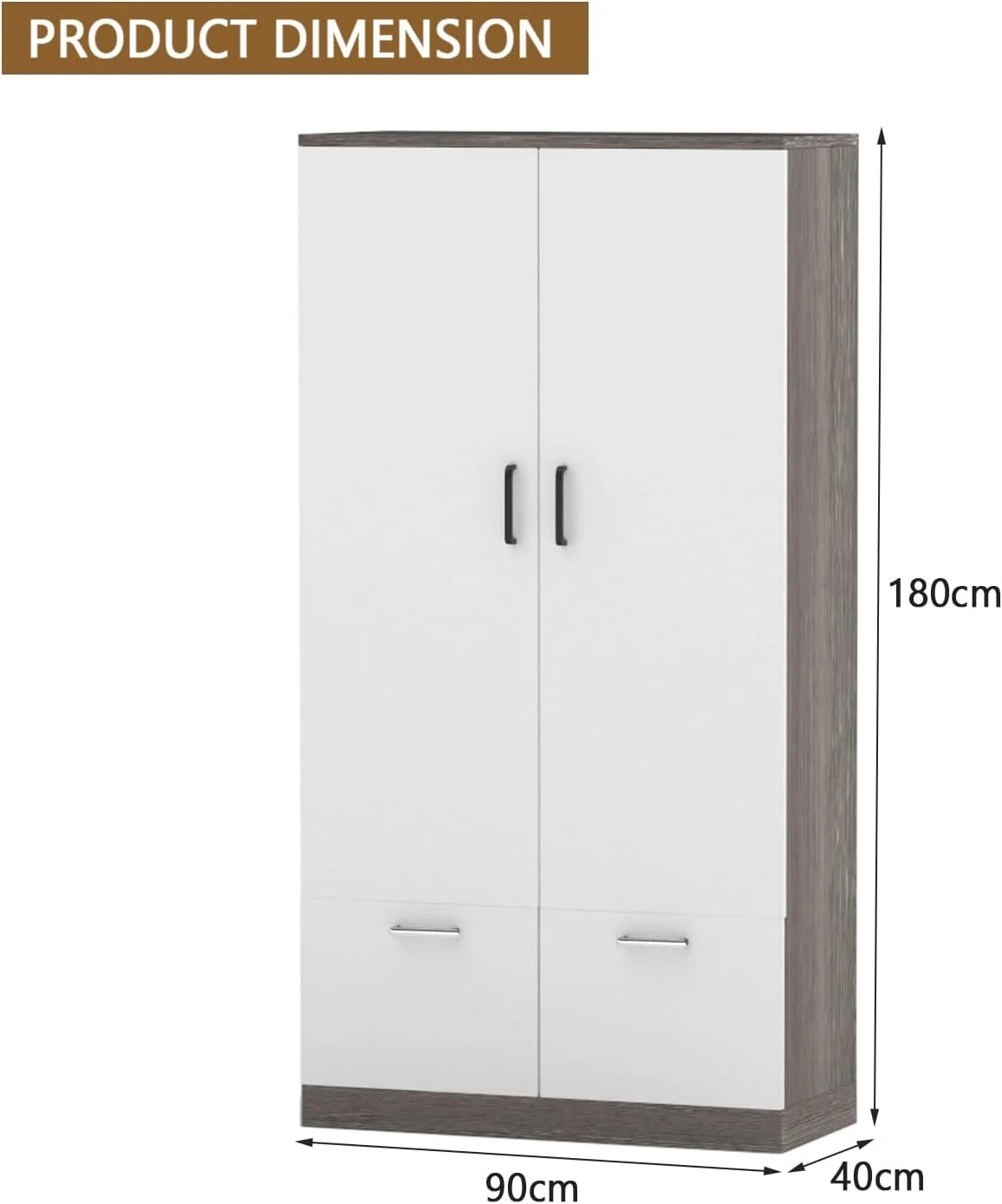 کمد لباس چوبی مهمای با 2 درب، 2 کشو، میله آویز و 2 محفظه، کابینت ذخیره سازی کمد چوبی برای اتاق خواب، اتاق نشیمن - خاکستری سفید رودخانه بلوط و سفید ممتاز