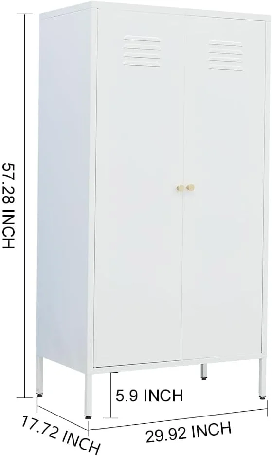 کمد لباس فلزی LINGZOE با 2 درب مغناطیسی، کابینت ذخیره سازی با میله آویز و روکش، کمدهای بلند فلزی طبقه بندی شده با پایه برای اتاق خواب منزل (سفید)