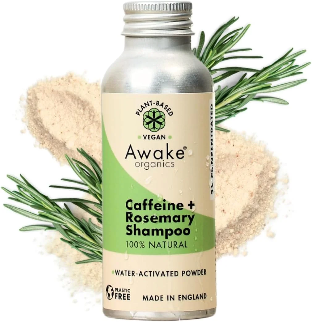 پودر شامپو کاملا طبیعی Awake Organics با کافئین + روغن رزماری. برای رشد + حجم مو. بدون سولفات، بدون پلاستیک، بدون تست حیوانی. ساخت انگلستان.