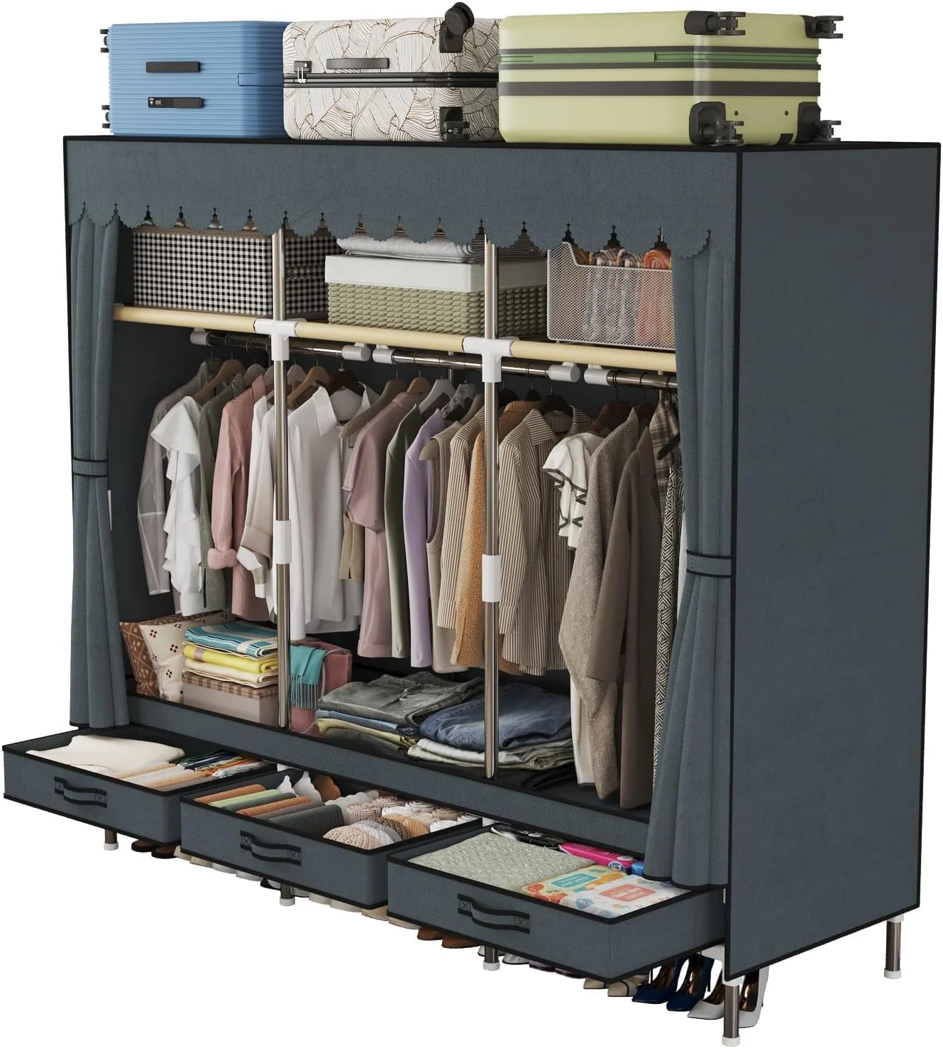 کمد لباس قابل حمل LEAIJIAFY، سازمان دهنده آویز کمد لباس مستقل، قاب فلزی با روکش پارچه ای خاکستری، 3 محفظه ذخیره سازی، 3 میله آویز، 3 کشو.