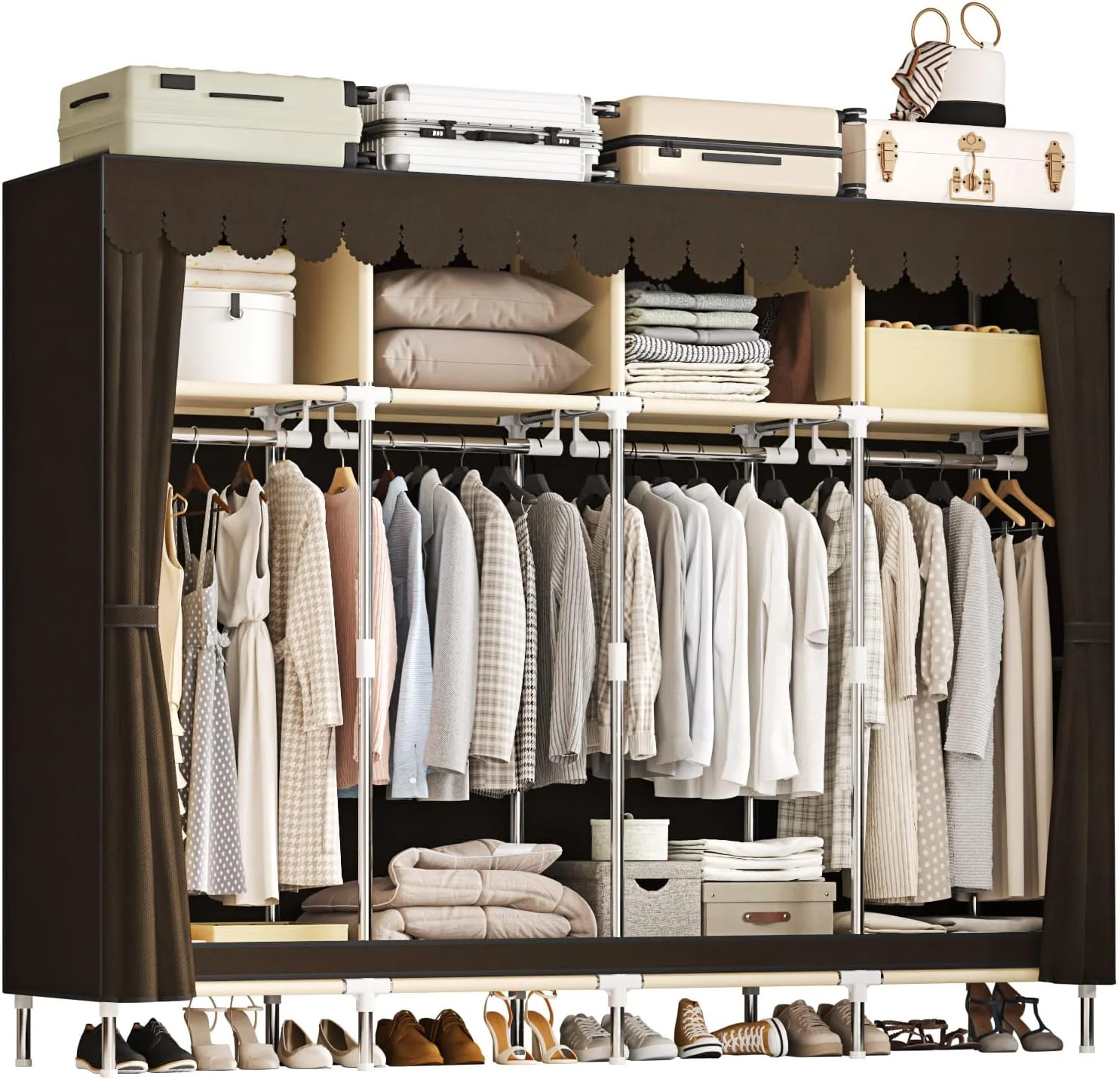 کمد لباس قابل حمل بزرگ LEAIJIAFY با ۴ میله آویز و قفسه، قفسه فلزی نگهداری لباس با روکش ضد گرد و غبار برای لباس، عرض ۱۶.۷ اینچ، اتاق خواب، قهوه ای