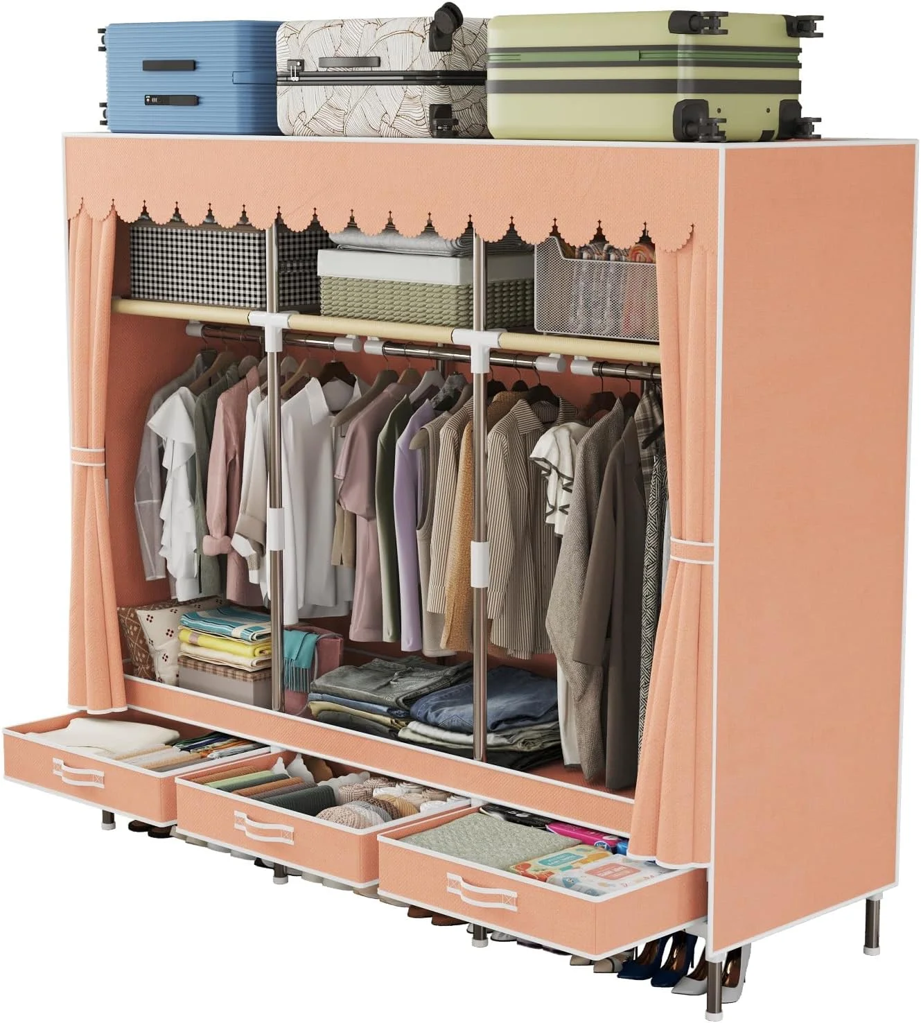 کمد لباس قابل حمل LEAIJIAFY، ارتفاع 165 سانتی متر، قاب فلزی با روکش صورتی غیر بافته شده زیبا، 3 قسمت آویز، کشو و قفسه، برای نگهداری لباس در اتاق کوچک