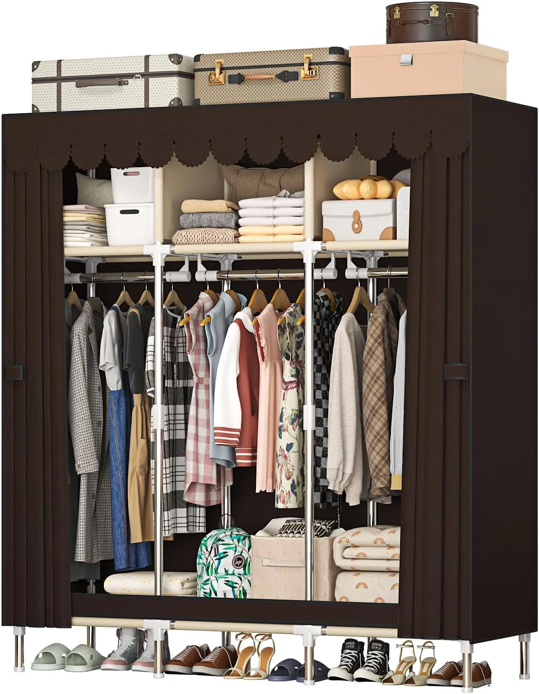 کمد لباس قابل حمل LEAIJIAFY با قاب فلزی، روکش پارچه ای قرمز تیره و قهوه ای، دارای 3 طبقه با میله آویز و 3 قسمت برای نگهداری لباس، رختخواب