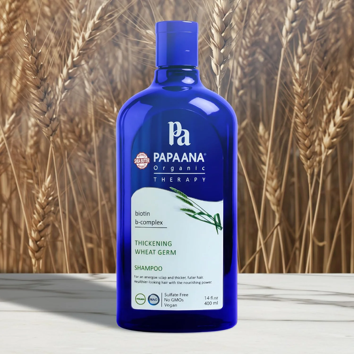 شامپو جوانه گندم غلیظ کننده ارگانیک پاپائنا با شی باتر - 400 میلی لیتر، تقویت کننده و ضخیم کننده برای موهای پرپشت تر و سالم تر با شی باتر