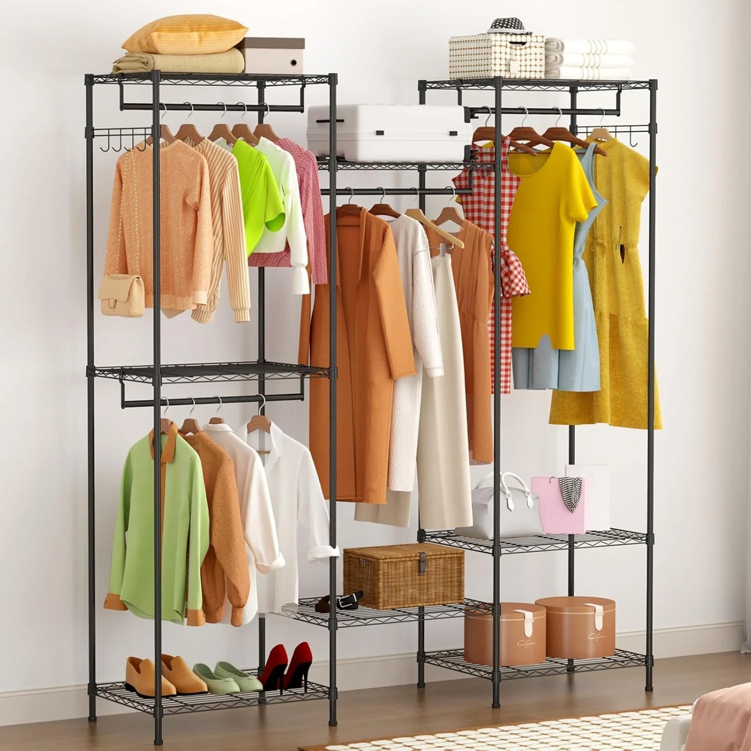 کمد لباس قابل حمل Garvee، رخت آویز ایستاده قابل تنظیم با 4 میله آویز و 8 قفسه، رگال لباس سنگین برای آویزان کردن لباس، اتاق خواب، رختکن، 171 سانتی متر طول × 45 سانتی متر عرض × 190 سانتی متر ارتفاع، مشکی